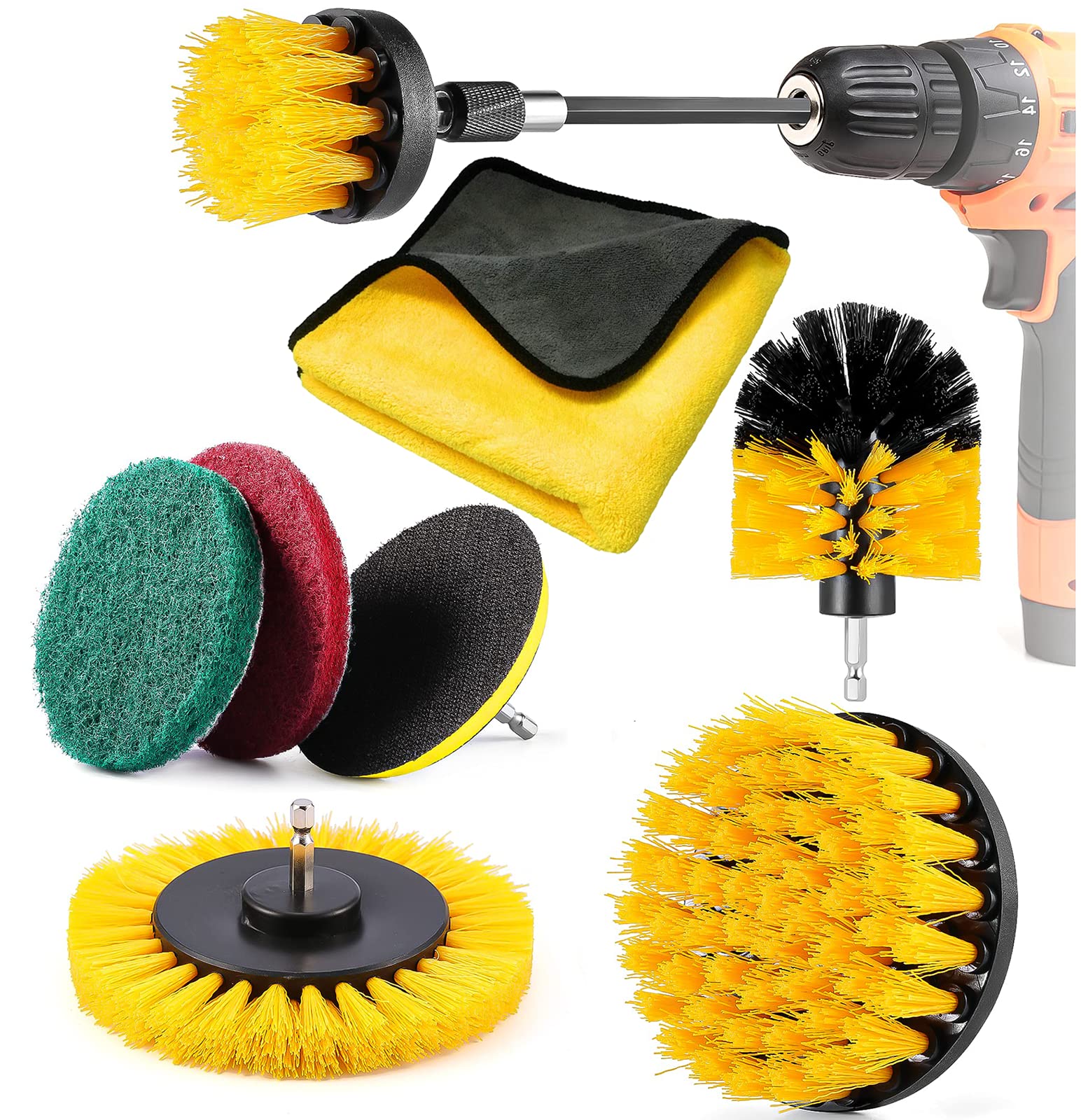 9 Pack Drill Brush Attachment Set, Drill Scrub Brush Kit with Extend Long Attachment, Scrub Pads Microfiber Towel for Bathroom Surfaces, Floor, Tub, Shower, Grout, Tile, Corners