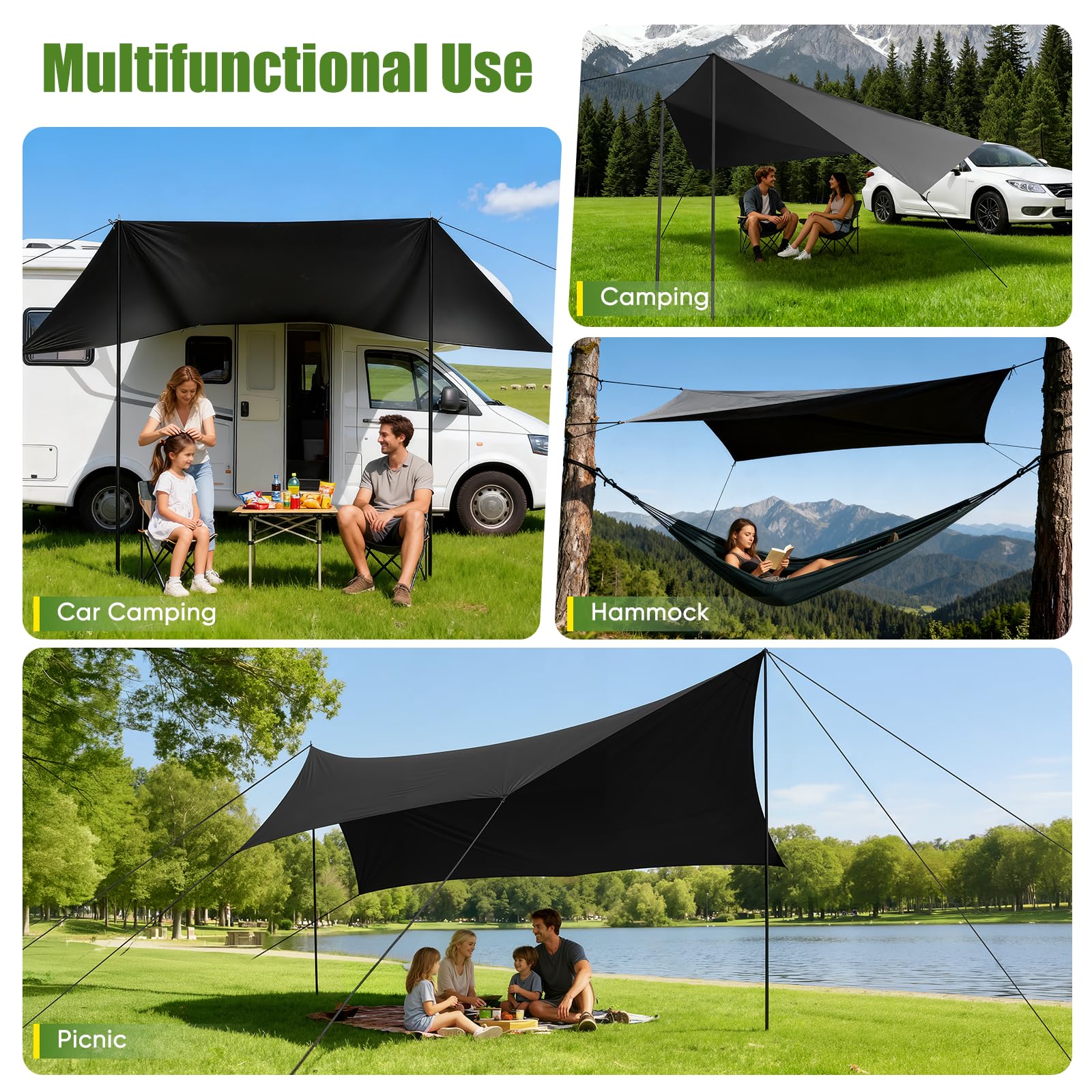 Toldo para coche, 2 x 3 x 2 m, Oxford 210D con columna de agua de 8000 mm y 99,9% de protección UV, universal, con varillas de aluminio, ventosas y cuerdas reflectantes para SUV, furgonetas, caravanas