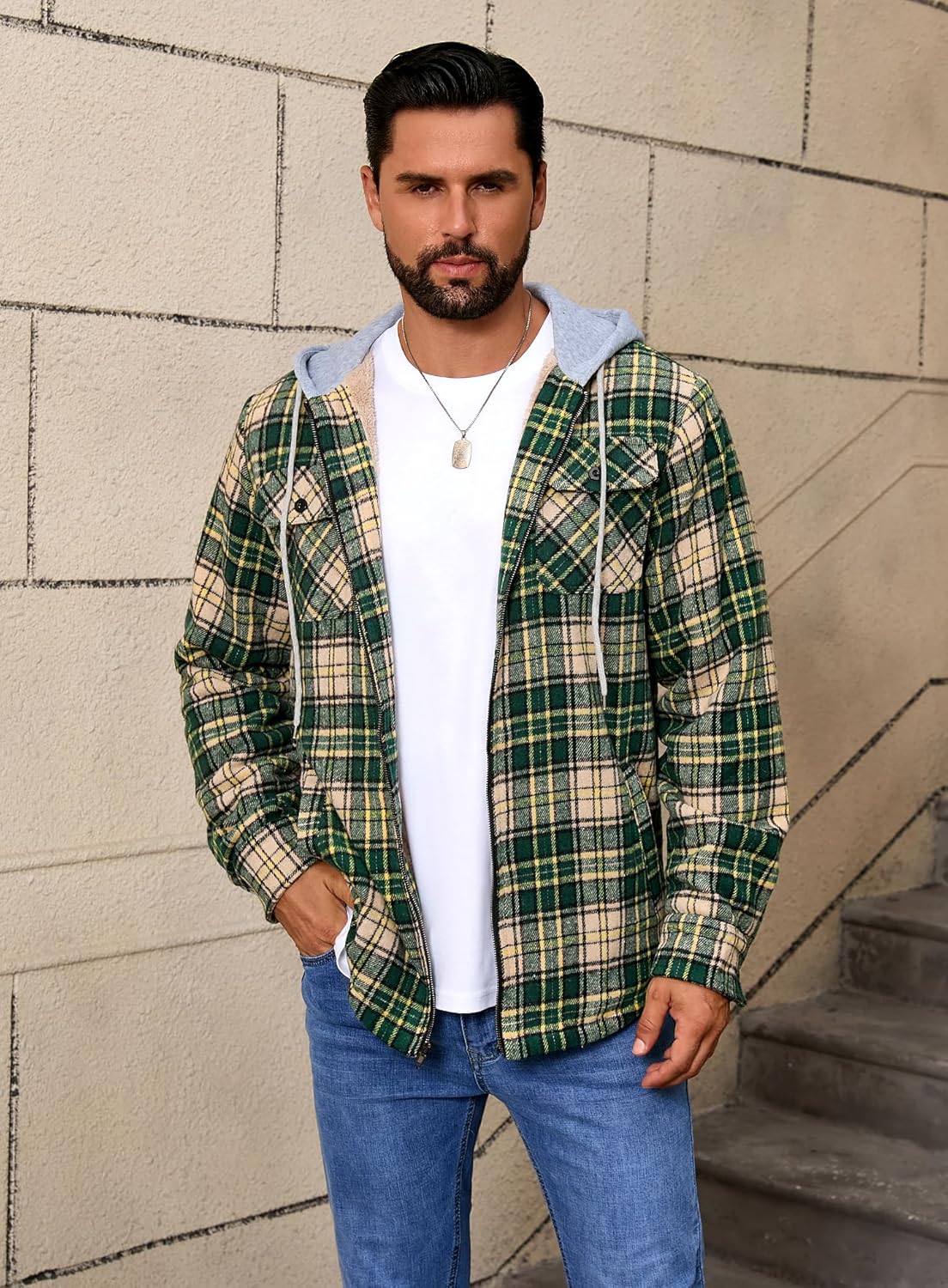 Men's Full Zip Sherpa Lined Flannel Jacket Fleece Hooded Plaid Jacket with Hood for Men - Image 4