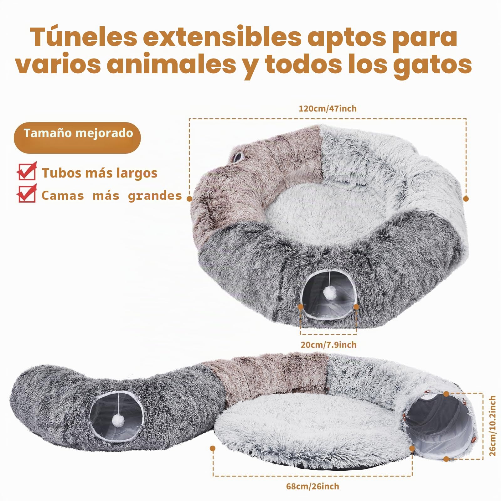 Túneles grandes para gatos de interior, cama cálida y esponjosa para gatos y túneles de cueva desmontables con 20 juguetes para mascotas, túnel de dona y variedad de juguetes para gatitos para jugar