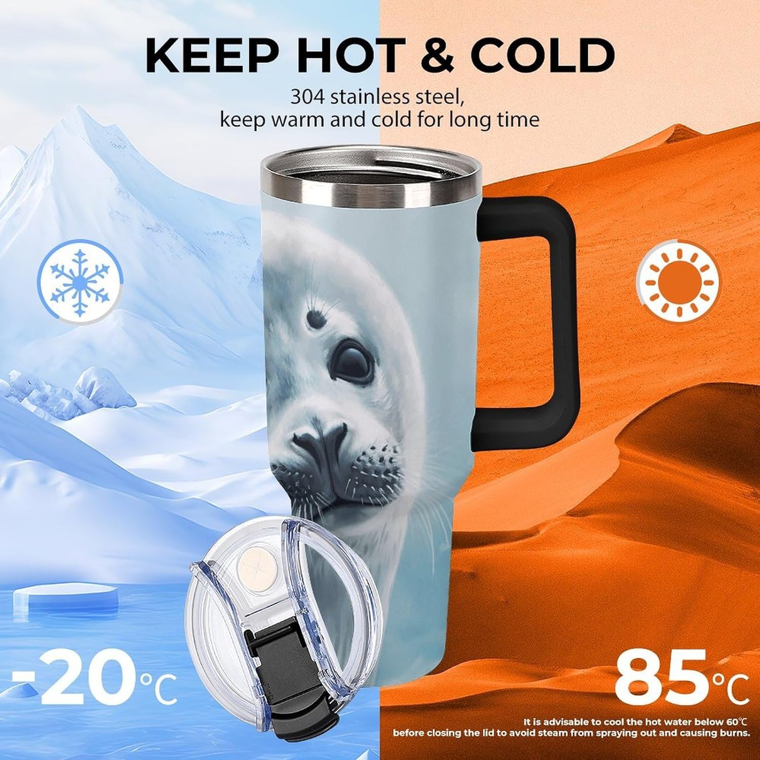 40 Oz Tumbler with Straw And Lid Harp Seal Painting Wallpaper Insulated Travel Coffee Mug Stainless Steel Water Bottle Vacuum Insulated Tumblers for Sport Work Car Travel Weekends
