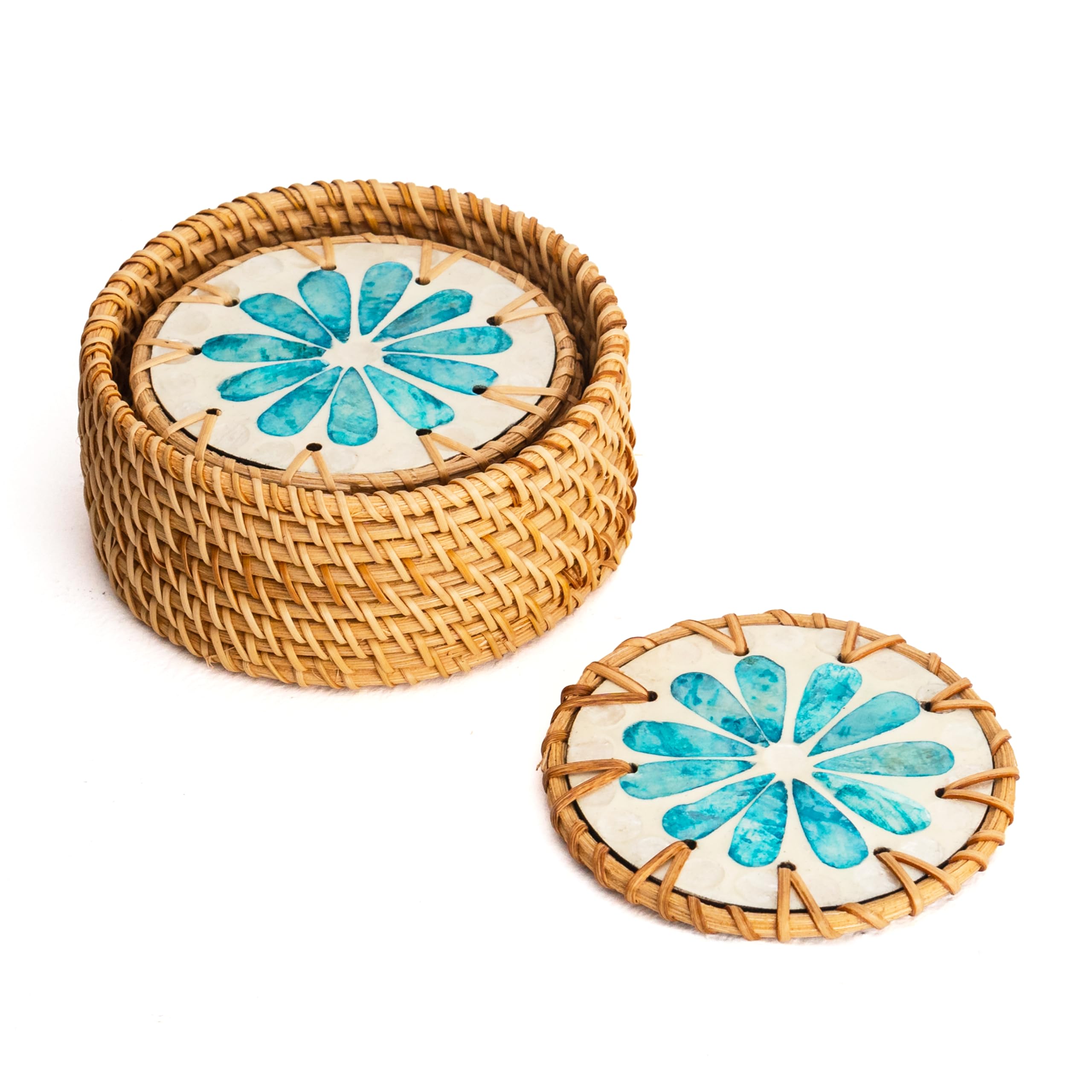 JUNGLE CULTURE Mother of Pearl Rattan Coasters for Drinks with Holder • Handmade Round Coaster Set of 6 • Sustainable Homeware • Coffee Table