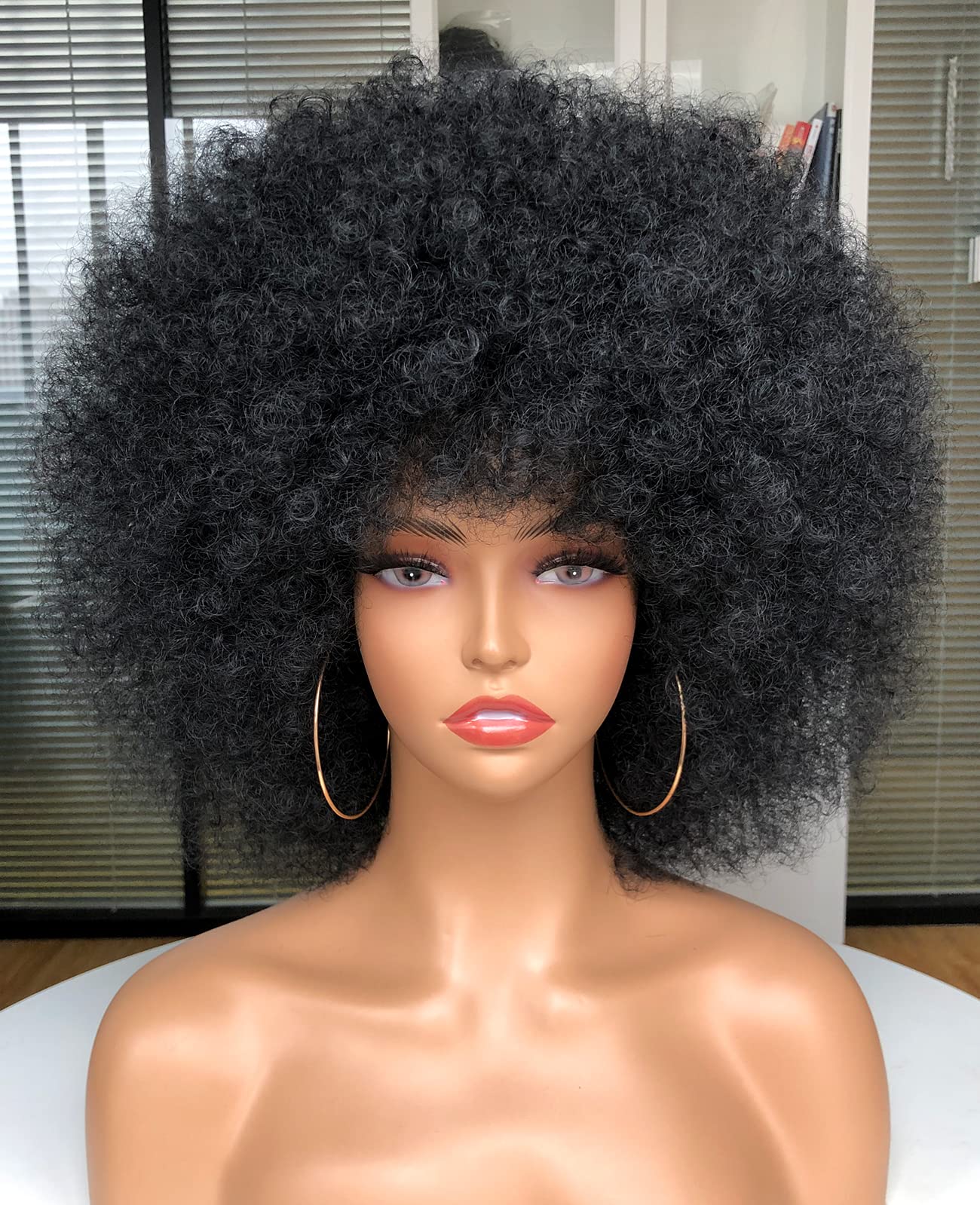 Afro Wig with Bangs Short Afro Kinky Curly Wig for Black Women Large Bouncy and Soft Natural Looking Halloween Party Christmas Cosplay Wigs（Black）