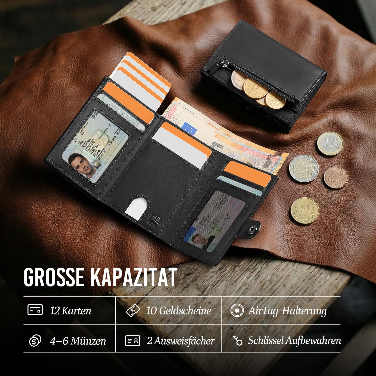 YESIIW Geldbörse Herren Slim Echtleder für AirTag mit RFID Schutz, Schwarz | Airtag-kompatibel Rfid-schutz Pop-up Kartenfach Echtes Leder 10 Kartenfächer 2 Ausweisfächer Münzfach