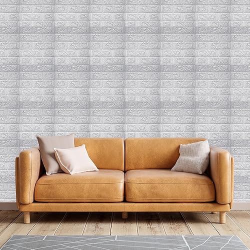 Miniatura 5 de uxcell Paneles de pared 3D para despegar y pegar, 30 piezas de papel tapiz de ladrillo de espuma para dormitorio, panel de pared de piedra sintética