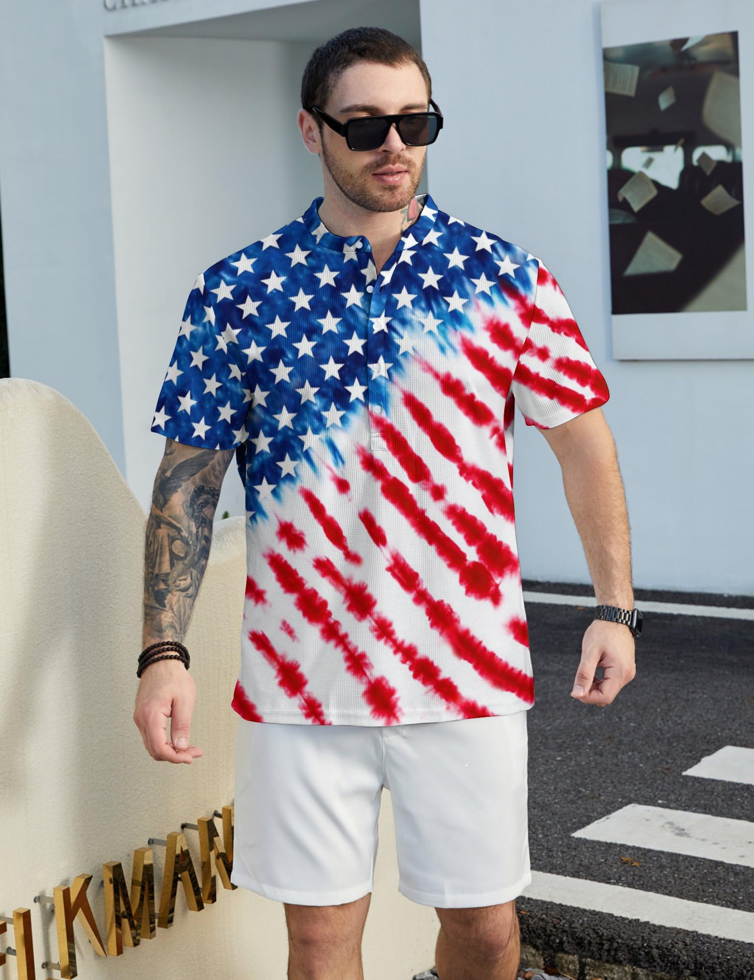 Camisa polo hawaiana Henley de manga corta para hombre, secado rápido, estampado divertido, casual, sin cuello, para golf