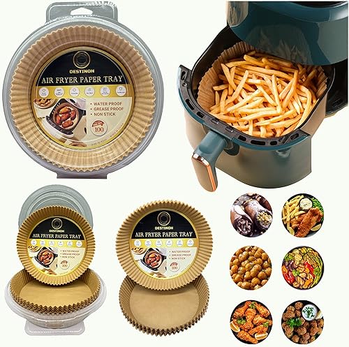 Forros de papel para freidora de aire, 100 hojas redondas desechables de grado alimenticio de tamaño para hornear y asar, papel pergamino