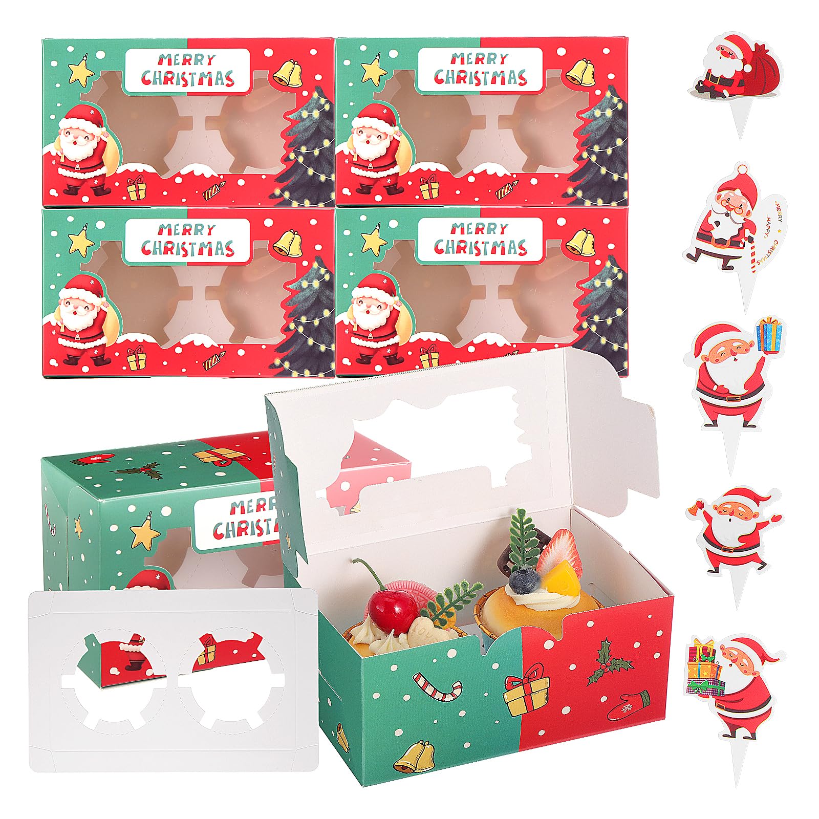 TsunNee 20PCS Christmas Cupcake Boxes 2 Hole Muffin Boxes with Inserts, Xmas Treat Boxes Gift Boxes, Cookies Gift Baking Box for Christmas Pastries Brownies Party Supply — image 1