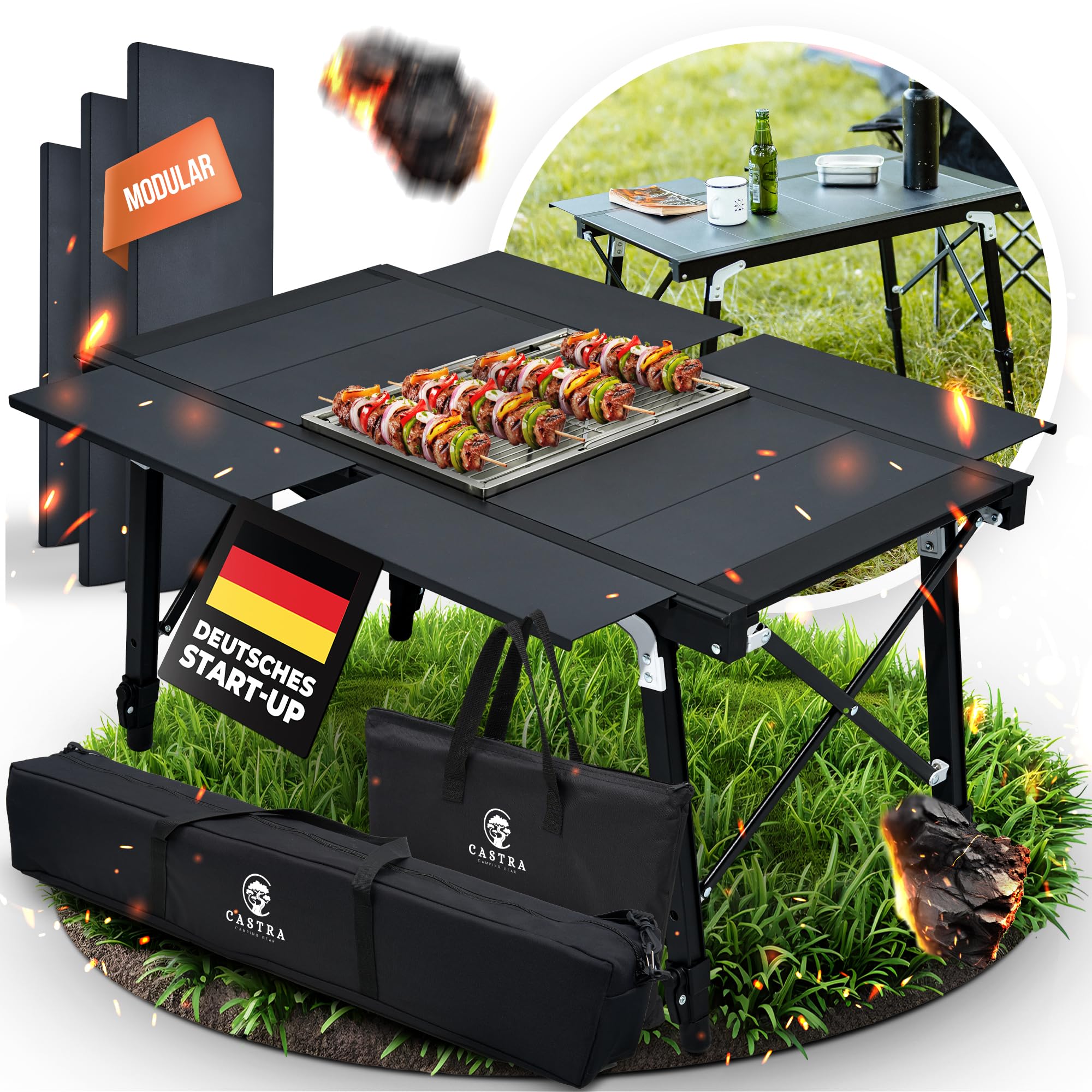 Castra Premium Campingtisch mit integriertem Grill – Aluminium 7075, höhenverstellbar, Outdoor wetterfest, innovatives Faltsystem, Multifunktionstisch & Camping Zubehör für Garten, Reisen & Angeln