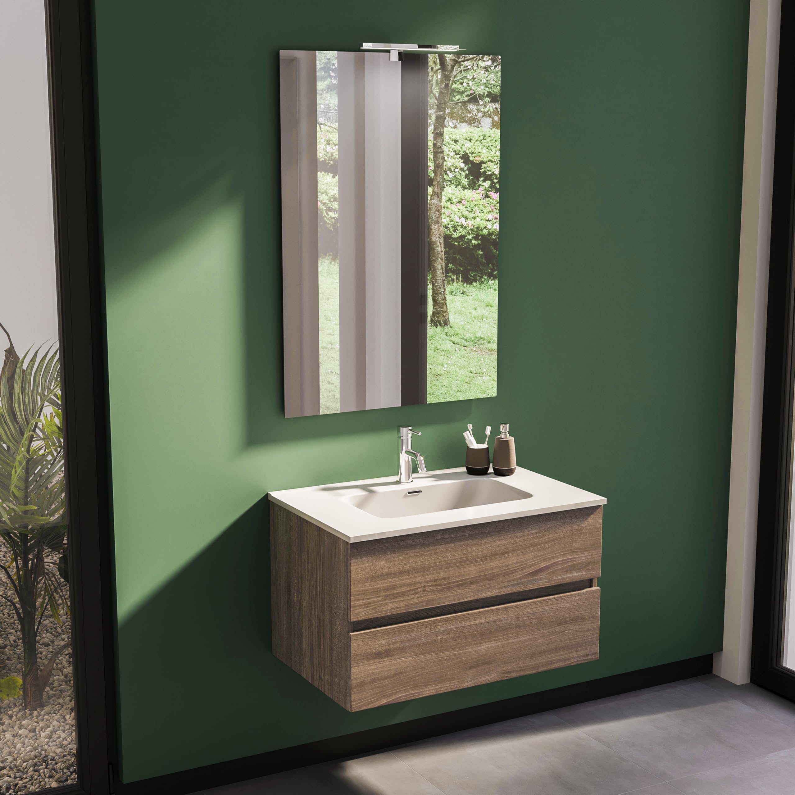 Parama Mobile Da Bagno Sospeso Mod. Yili Con Lavabo In Ceramica Profondità 46cm Specchio Filolucido Incluso (70cm, Rovere scuro)
