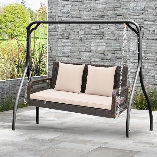 Miniatura 3 de Tangkula Columpio de mimbre para porche al aire libre, capacidad de 800 libras, banco de columpio para exteriores con cadenas colgantes, cojines de