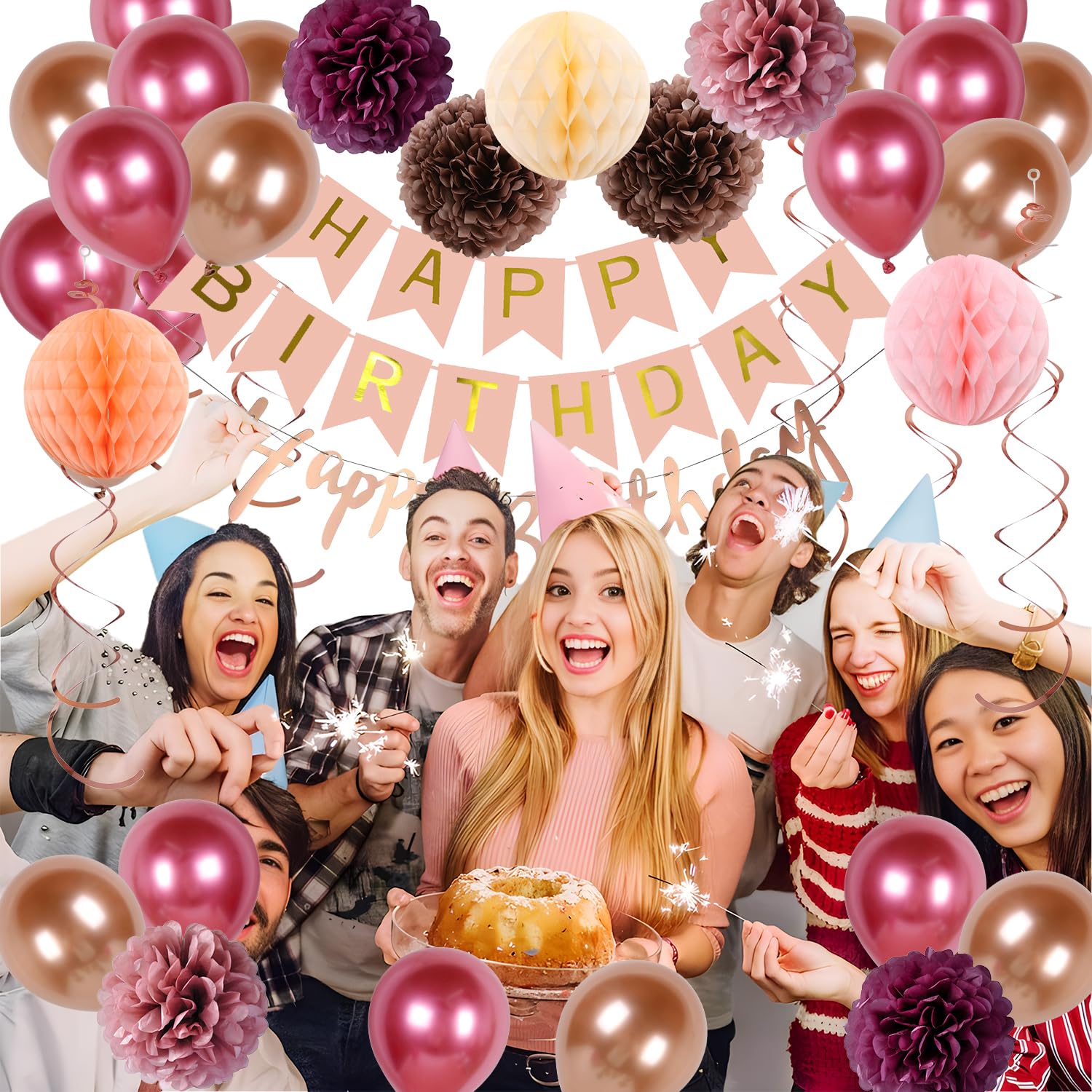 Set di palloncini decorativi per compleanno, ghirlanda di palloncini e spirali, decorazione di compleanno, pompon di carta, Honeycomb per ragazze e donne