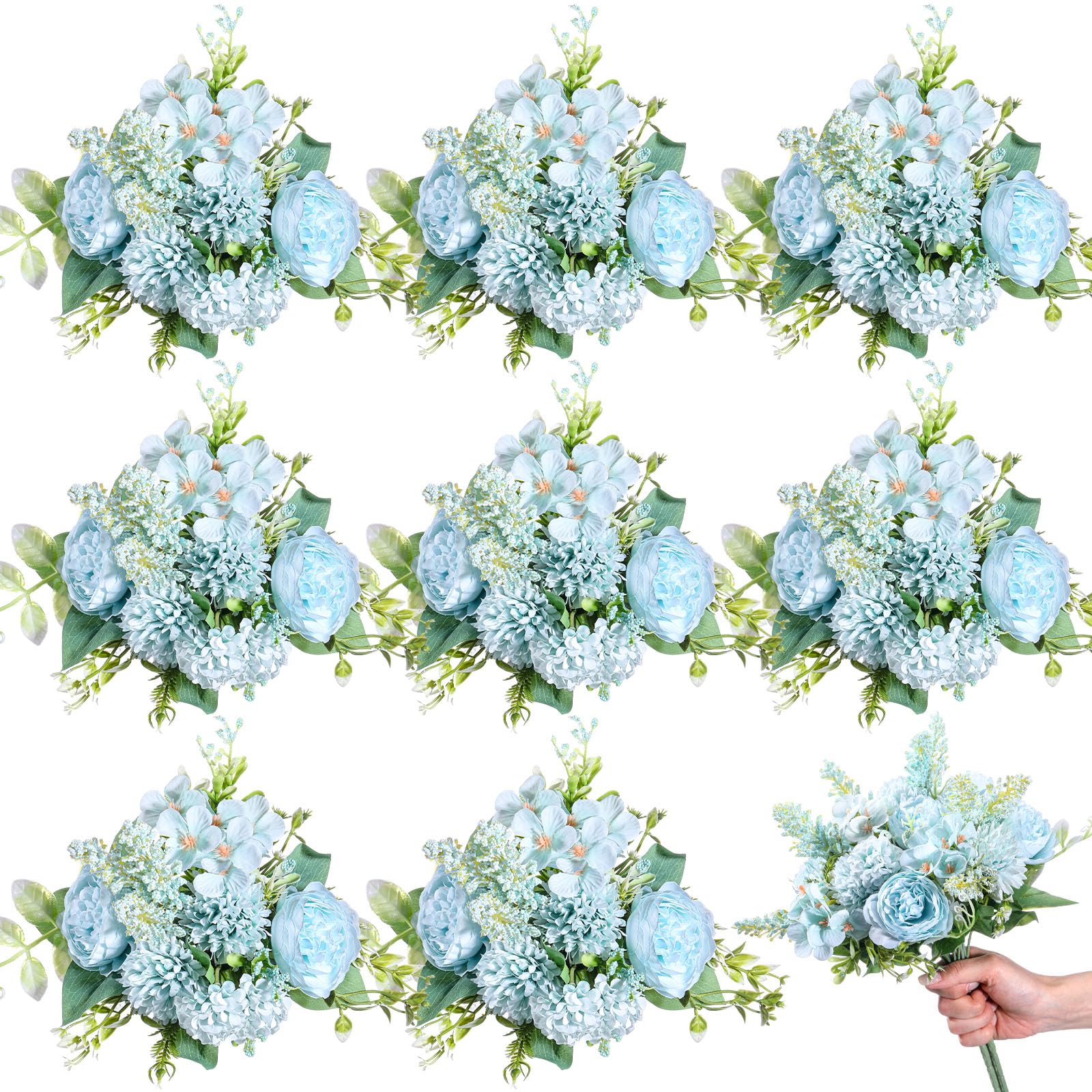 8 Pcs Wedding Silk Flowers Fake Peony Silk Flowers Bouquet Hydrangea Wedding Bouquets Faux Flower Arrangement for Wedding Birthday Party Table Centerpieces Home Decoration (Blue)