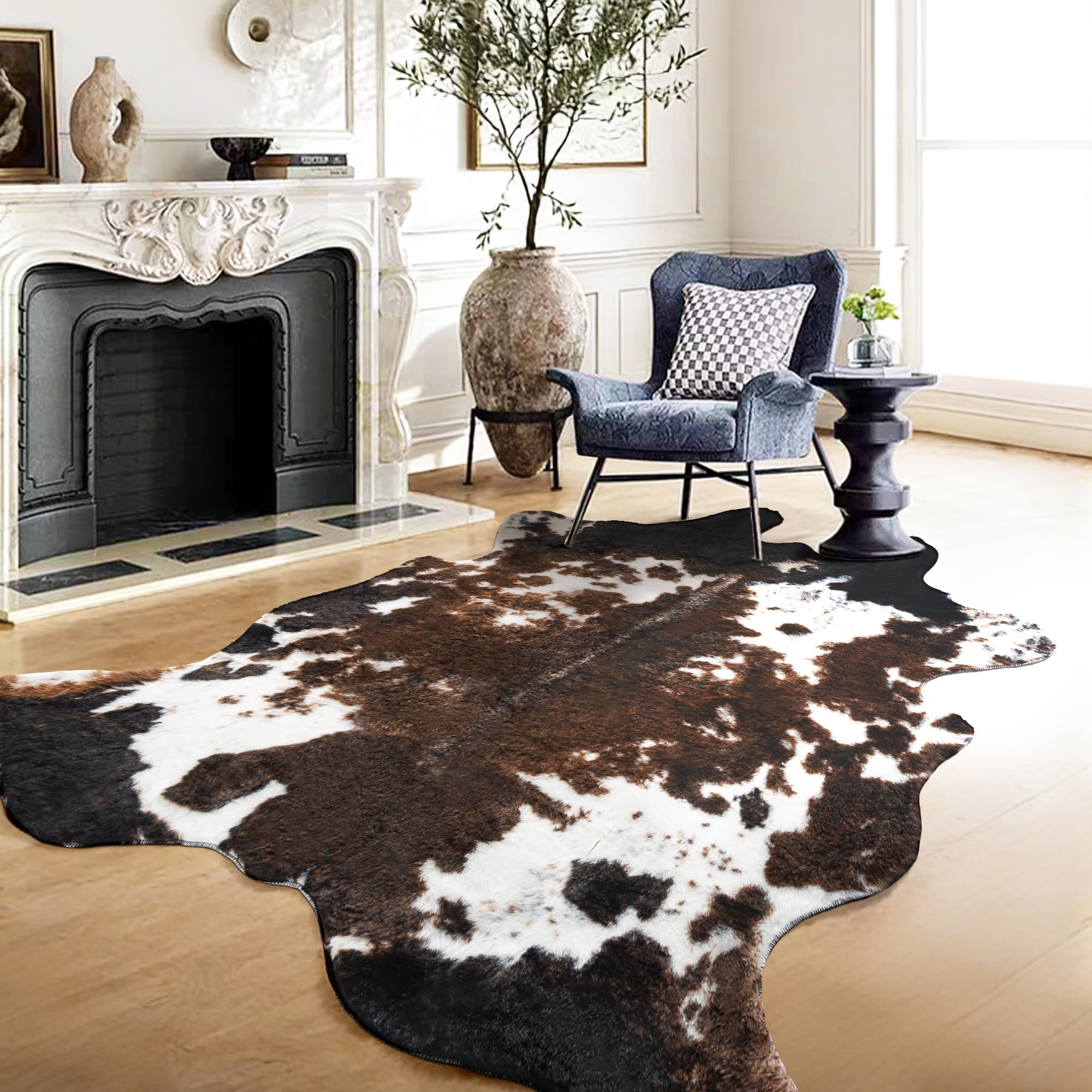 WMT NVMTER Faux Cowhide Rug, Fluffy Fur 4.6x5.2 Feet Washable Cow