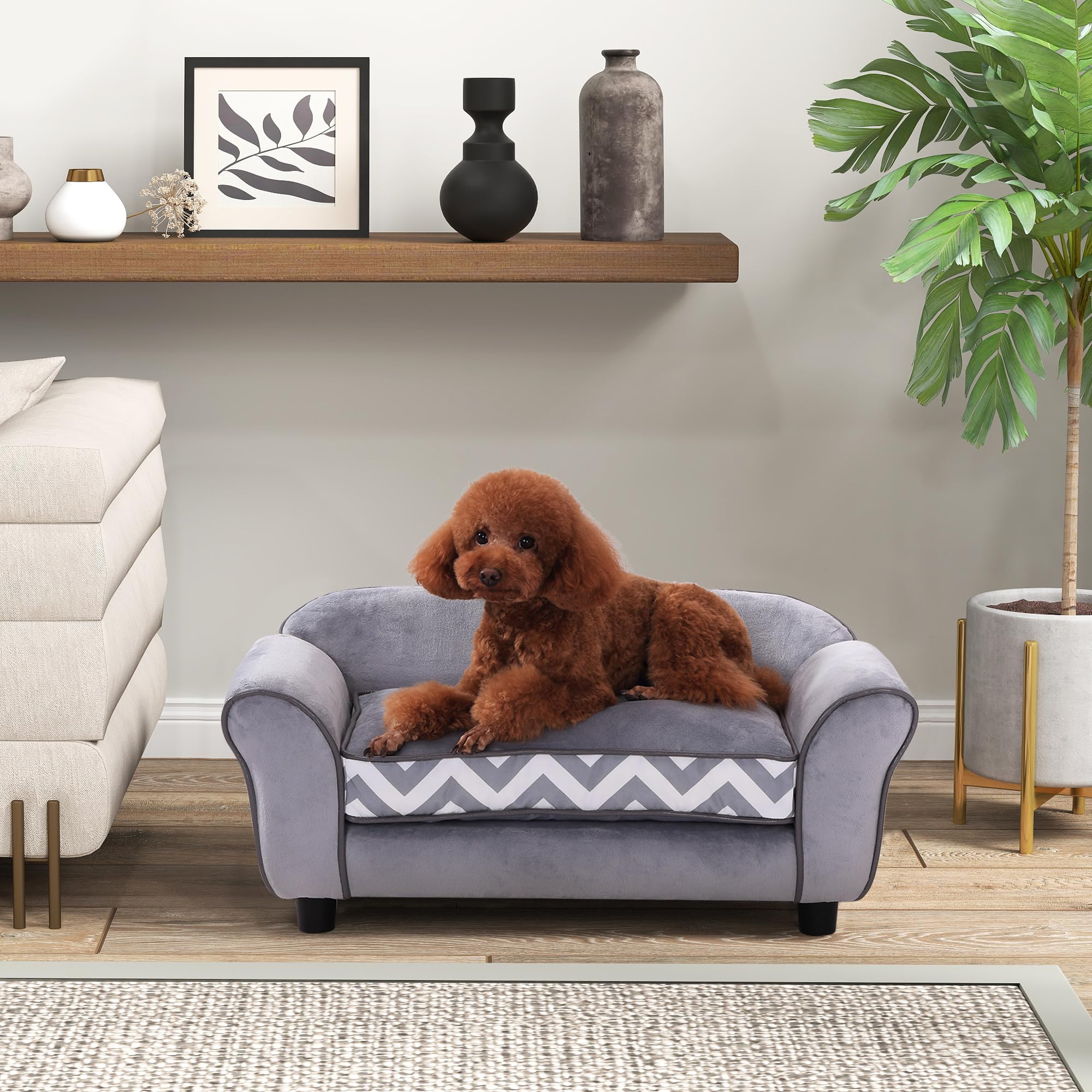 PawHut Sofá para Mascotas con Patas Cama para Perros de Madera con Cojín Acolchado Acogedora Funda Lavable 73,5x41x33 cm Gris