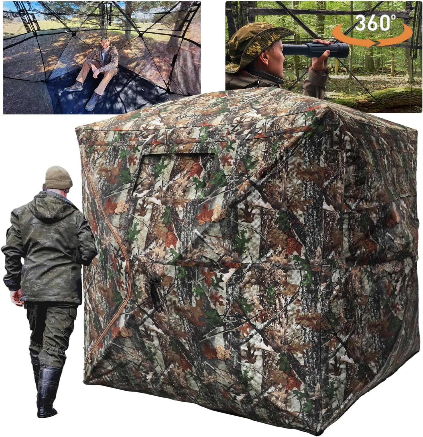 FUNHORUN Hunting Blind with Floor Mat, 360 Degree See Through Ground Blind with Carrying Bag, 2/3/4 Person Pop Up Camouflage Tent Portable Concealed Shelter