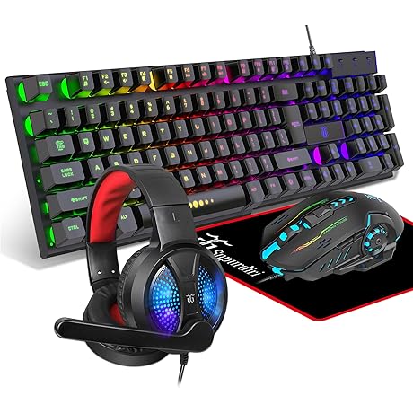 Gaming Keyboard and Mouse,Headphones,Mouse pad，All in One Combo for PC Gamers and...
