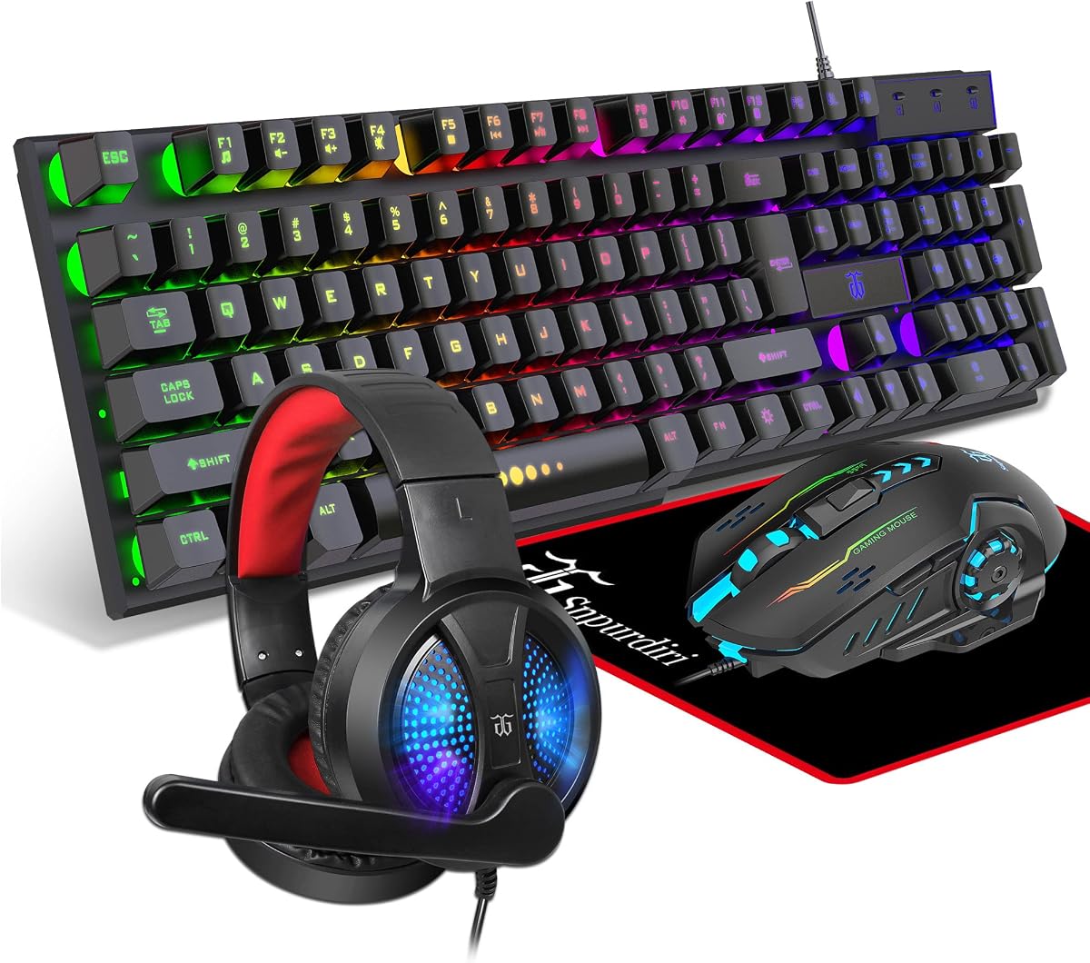 Gaming Keyboard and Mouse, Headphones, Mouse pad Combo for PC Gamers | RGB Backlight Gaming Keyboard and Mouse Bundle with Headset, All in One for Xbox and PS4 Users