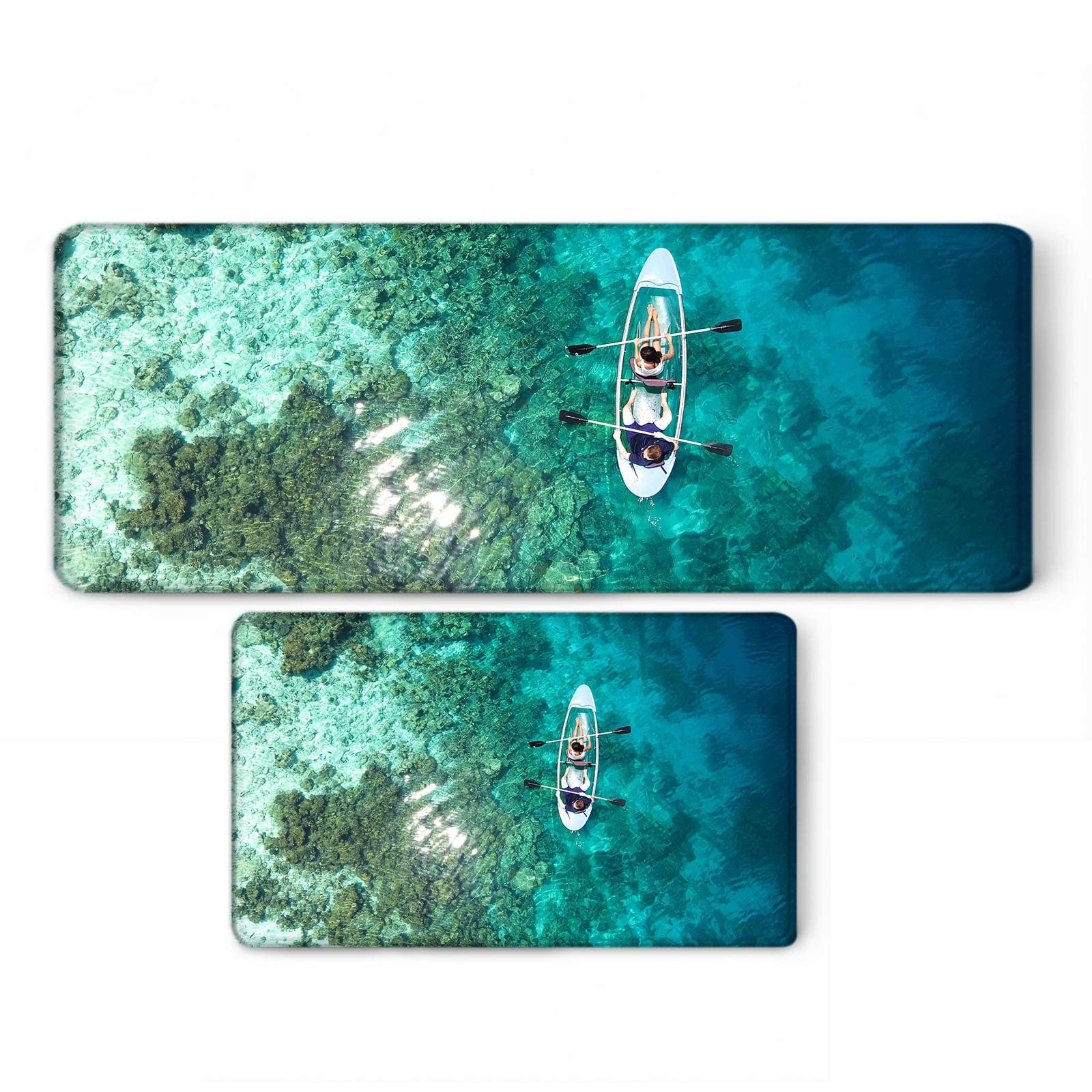 Tappetino Cucina Lavabile, Zerbino Personalizzato Ingresso Casa Verde Mare e Barca a Remi 50X80cm+50X160cm Ideale per Interni Domestici