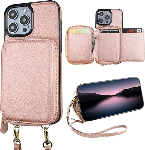 Bocasal Funda tipo cartera con bloqueo RFID para iPhone 14 Pro, funda cruzada ajustable con cremallera, tarjetero con función atril y correa de