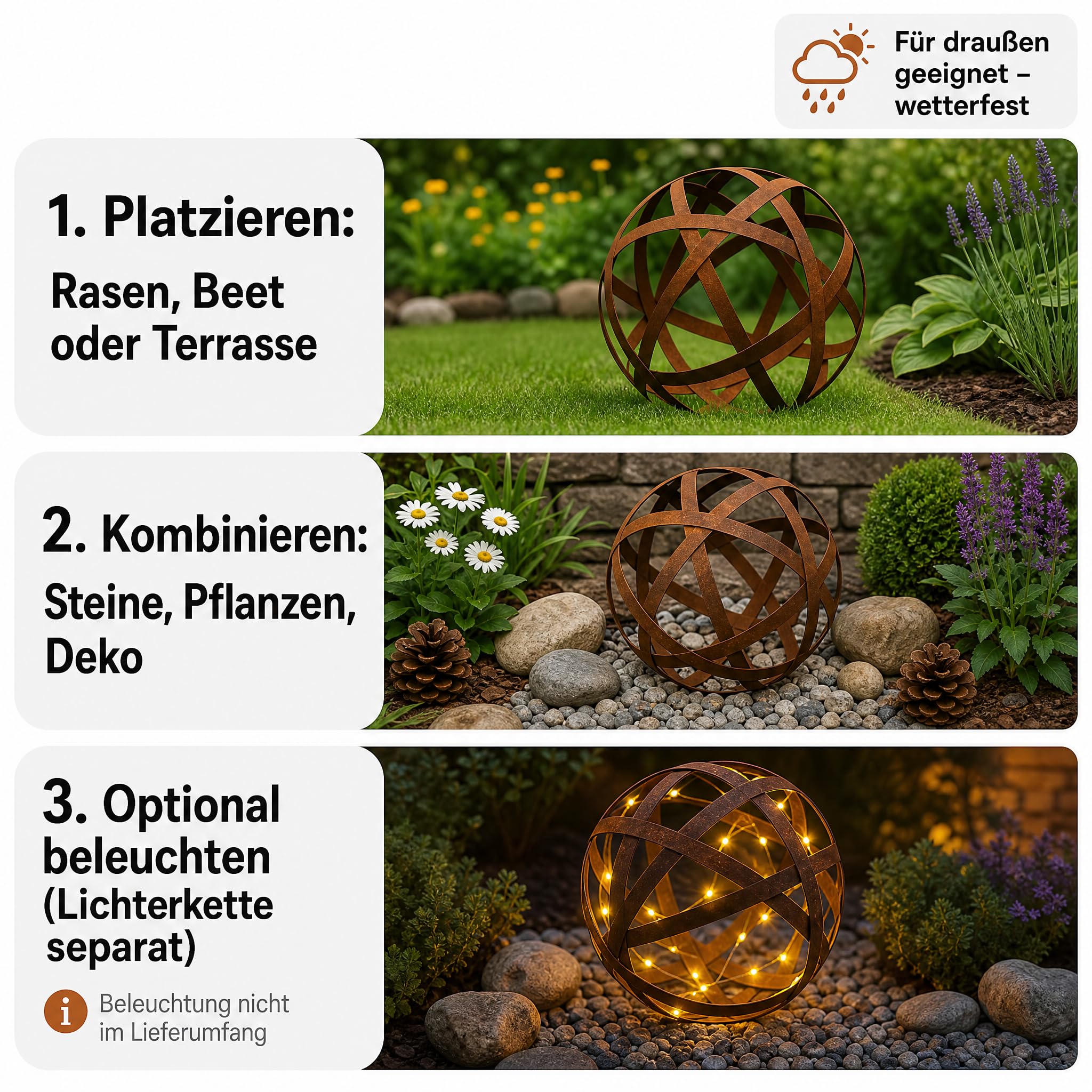 Rostdeko Boule (L) en métal, décoration de jardin boule rouille noble 50 x 50 x 50 cm pour un aménagement créatif en extérieur, résistante aux intempéries et robuste