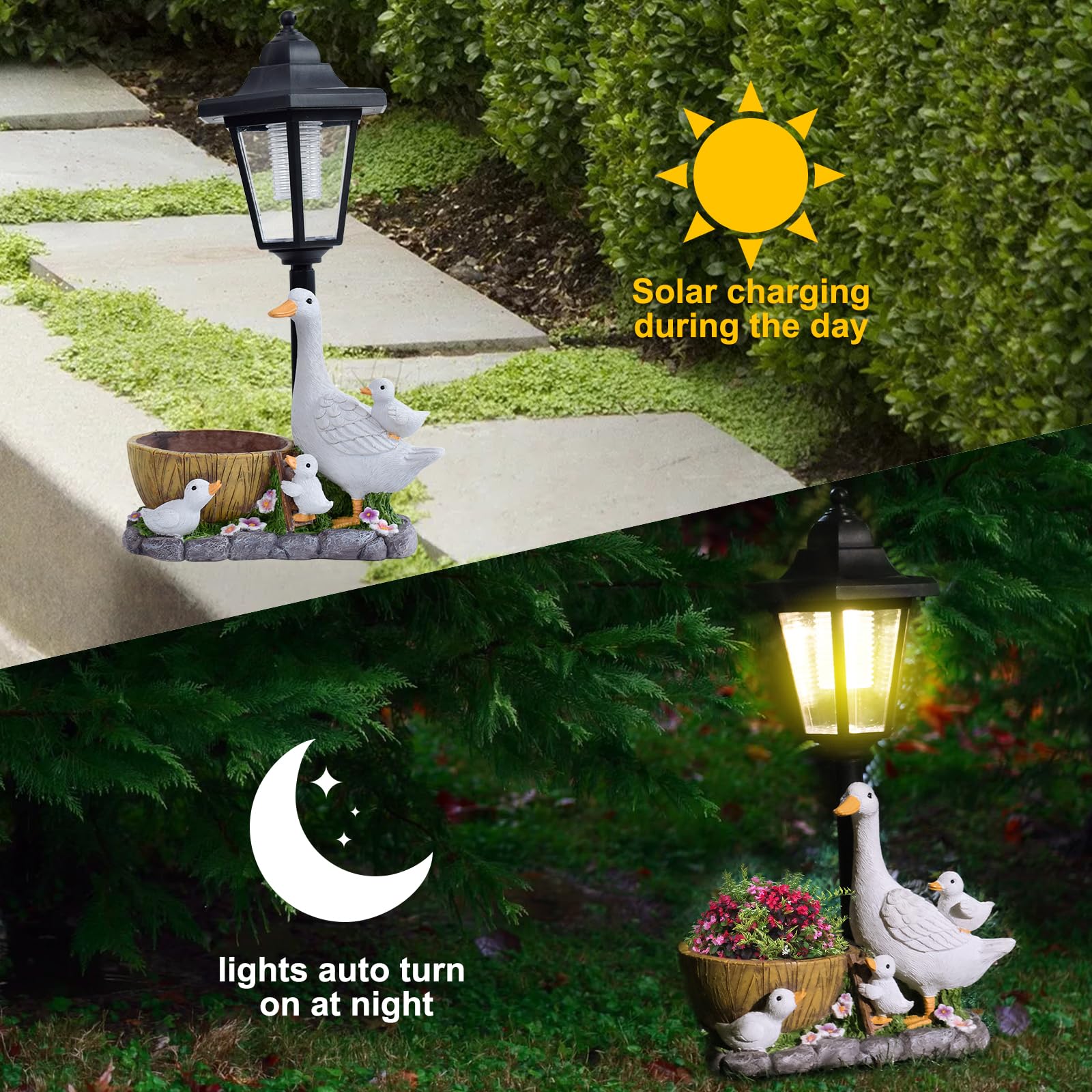 Statue di anatre da giardino con lampada solare, statuette di anatre, sculture artistiche, decorazioni per vasi di fiori per esterni, patio, cortile, prato, veranda, ornamenti da giardino