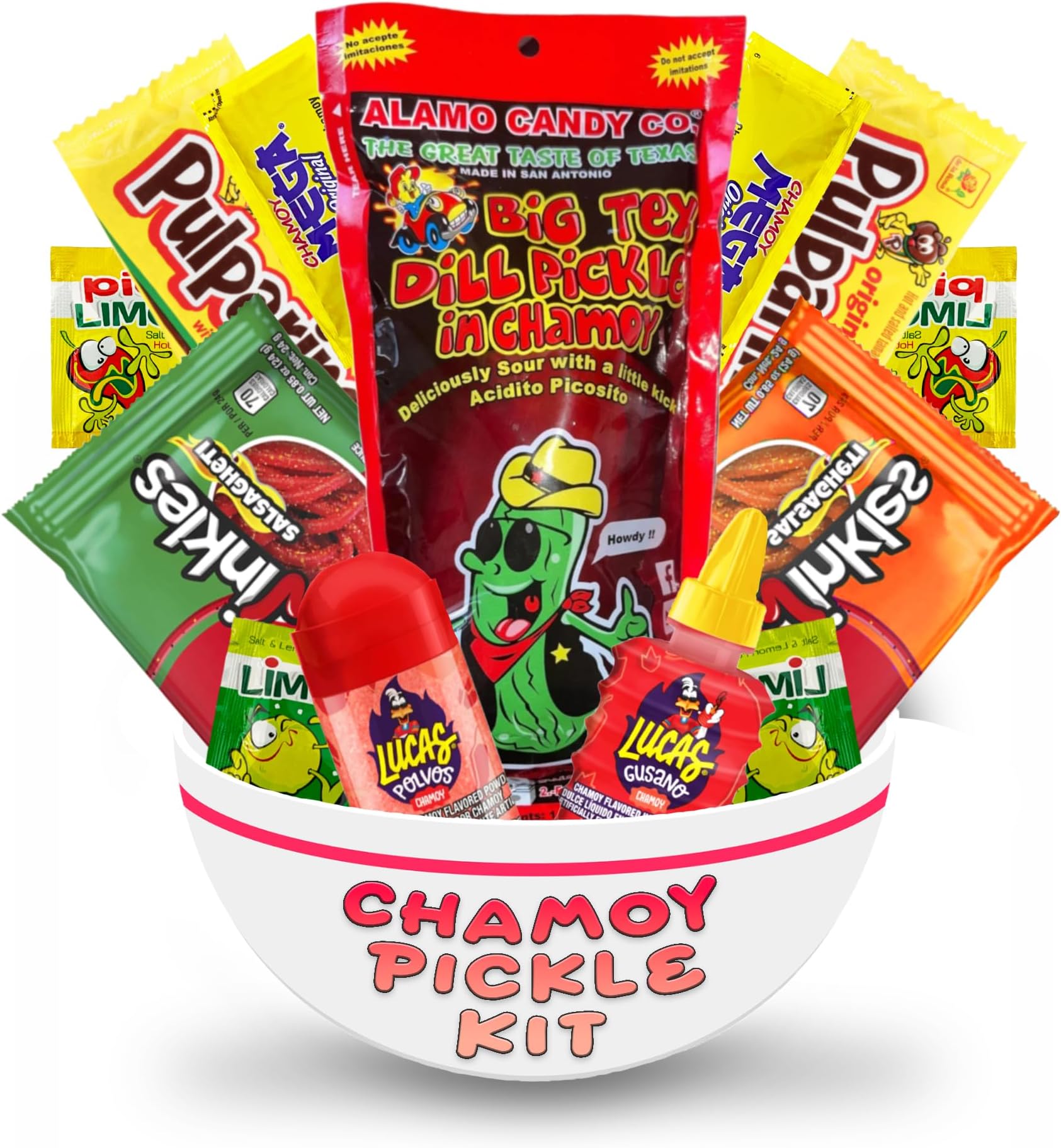 Chamoy Pickle Kit, 13pcs, Mexican Candy Mix ready to make the famous tiktok trend items, Includes the original Big Tex Alamo Dill Pickle, Baby Lucas, Lucas Gusano, Limon7, Skwinkles & Pulparindo