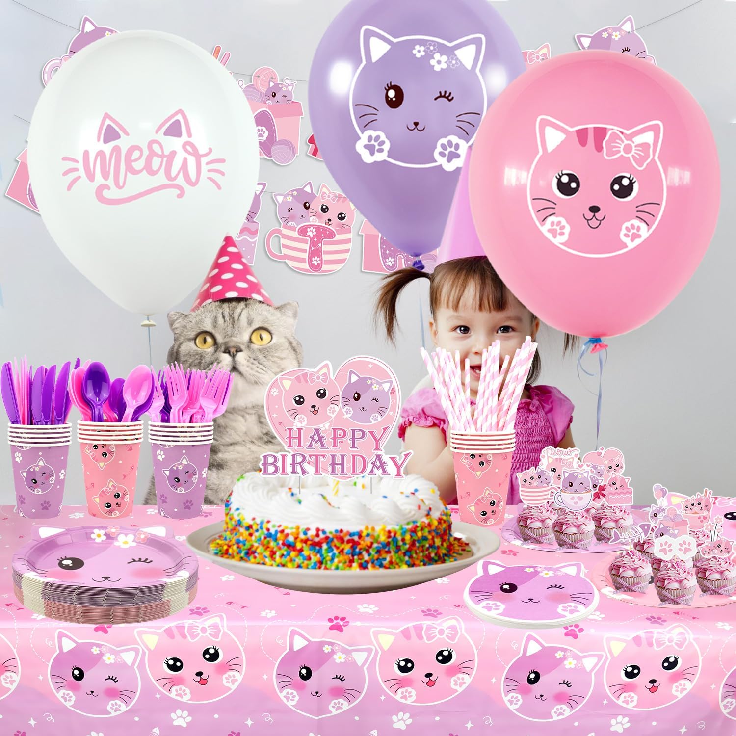 Cat Birthday Party Supplies Set, Kitten Tableware Includes Happy Birthday Banner, Plates, Tablecloth, Cups, Balloon, Spoons and Straws for Kids Cat Party Decorations, Serves 20 Guest (A) - Image 7