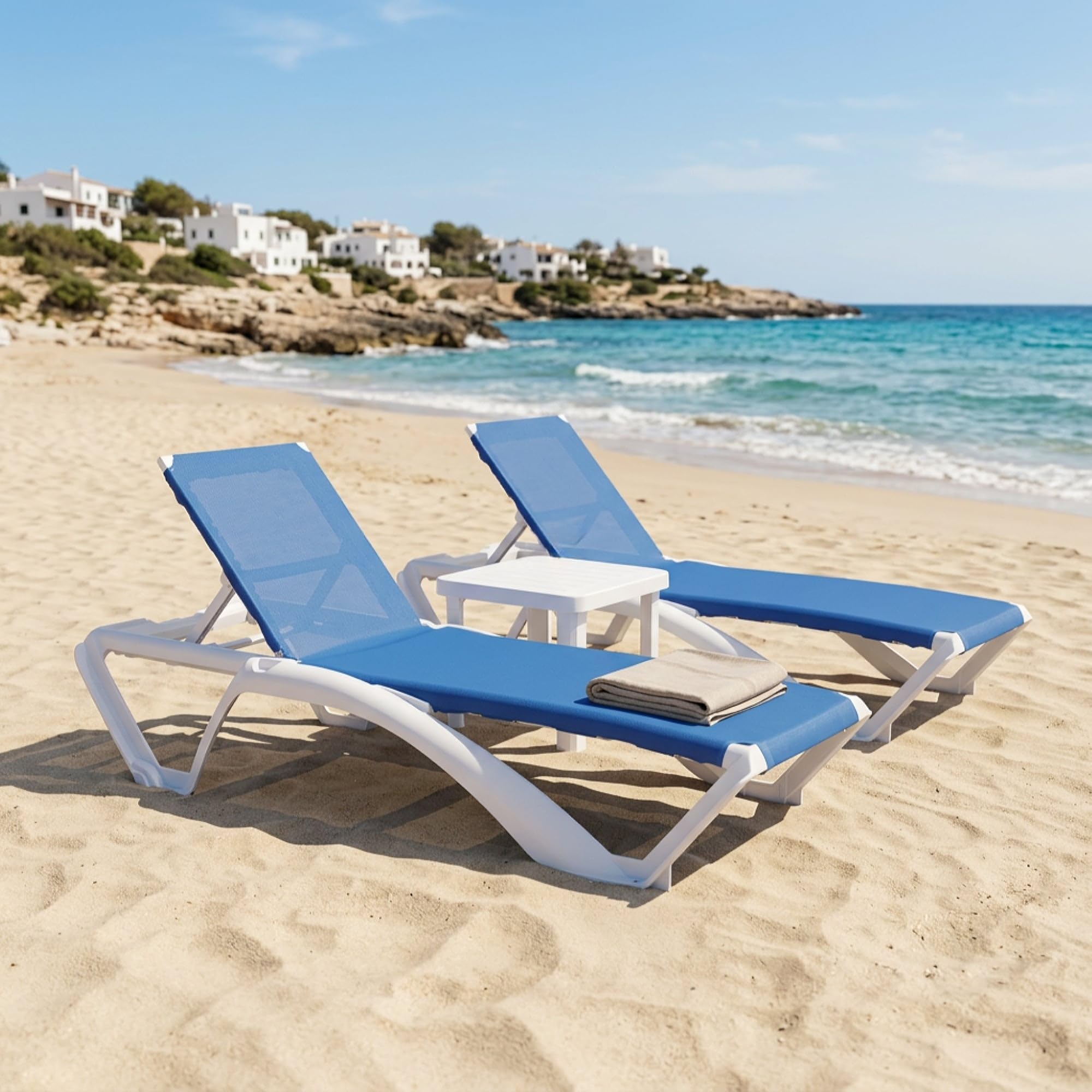 Resol garbar ACQUA-Andorra Set 2+1 Tumbona-Mesa Auxiliar Exterior | jardín, terraza, balcón, Playa, Piscina | apilable, reclinable, Ruedas, Posavasos | Estructura Blanca - Textilene Azul