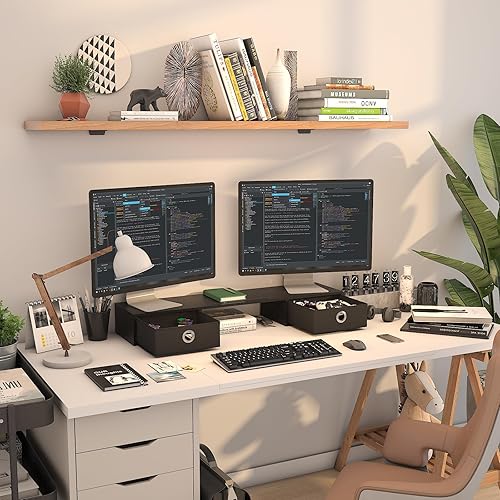 Miniatura 4 de WESTREE Soporte elevador de monitor doble con dos cajones, soporte de monitor de almacenamiento extra grande para 2 monitores, soporte de escritorio