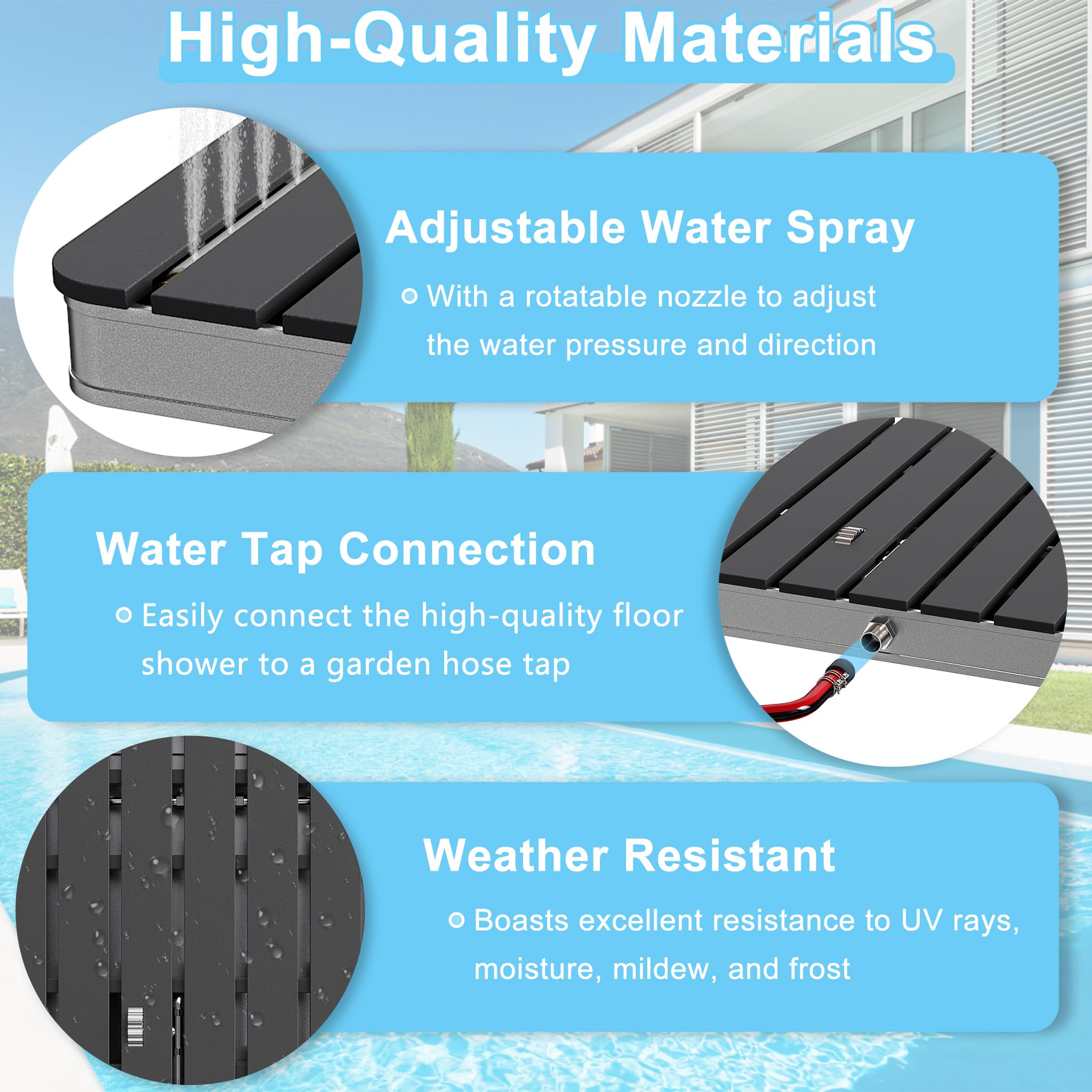 XMTECH WPC - Ducha de jardín antideslizante para exteriores, ducha de camping, ducha exterior, cartucho de sauna, 70 x 55 cm, rectangular, para camping, jardín, piscina, ducha con rueda de pie