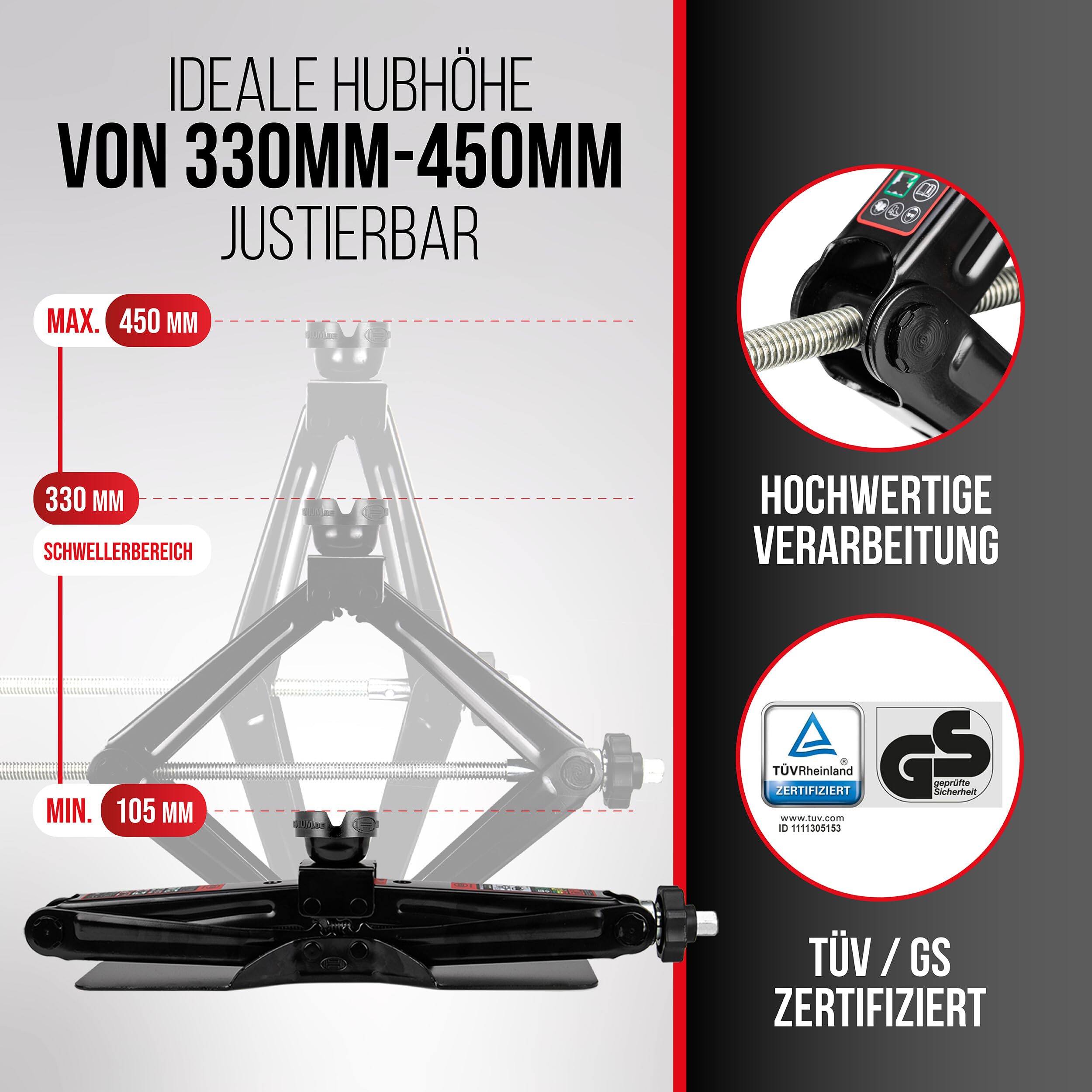 HEYNER® Scherenwagenheber 2 t für VW Transporter T6 (2015, FL 2019) – runder Sattel, 360° Gummiauflage mit Schlitz, Hub 125–470 mm, 17 mm Ratsche & Drehknauf, Standfuß 30×8 cm, bis −50 °C