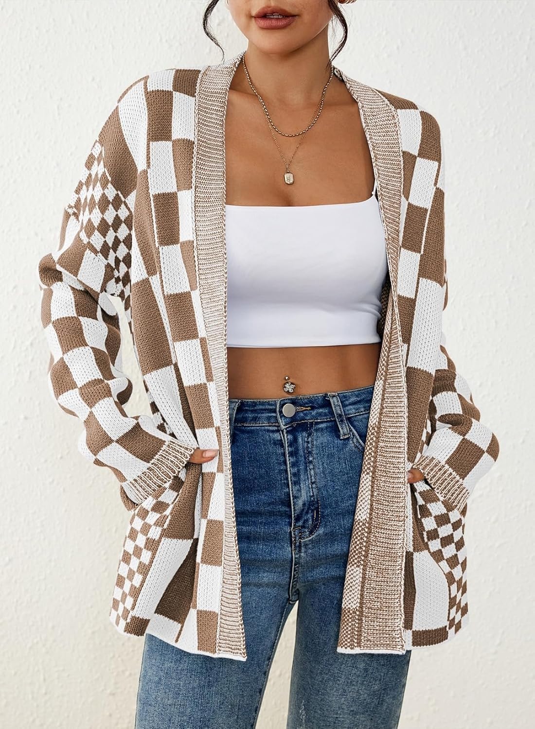 Pink Queen 2026 Checkered Cardigan Sweaters for Women Casual Long Sleeve Plaid Knit Outwear Coats with Pockets - Image 2