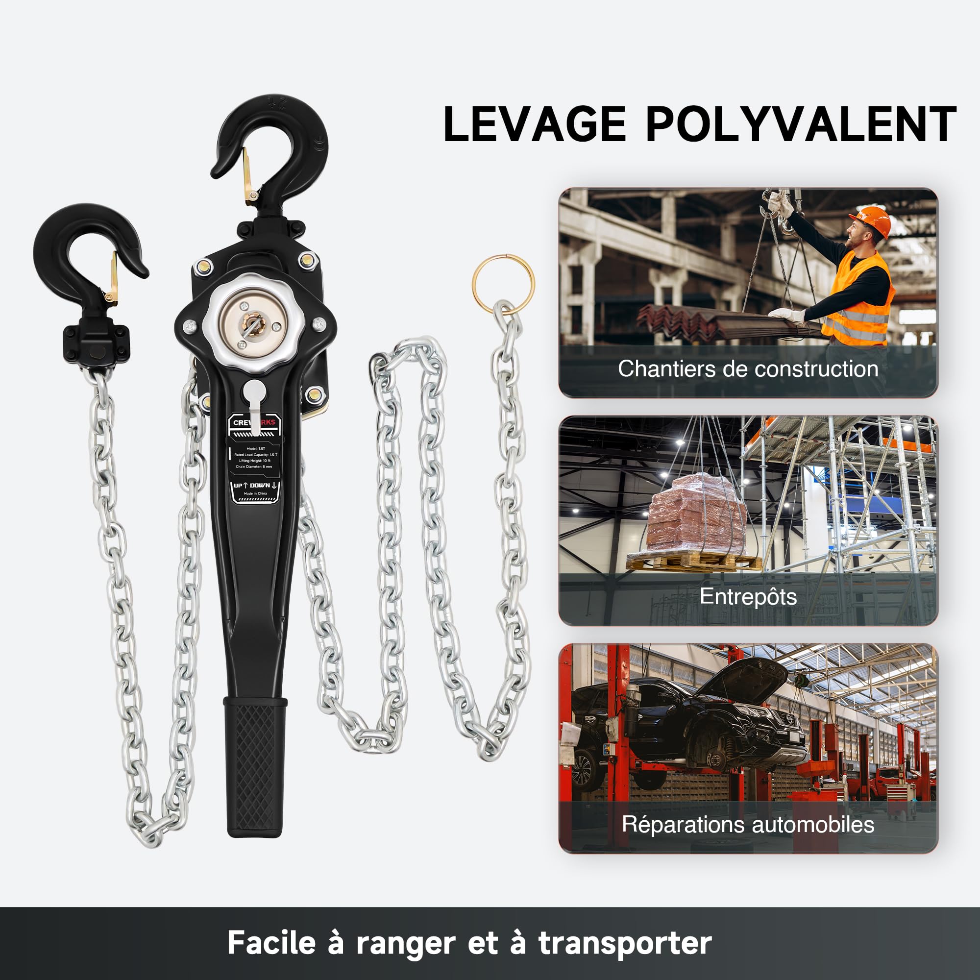 CREWORKS Palan à Chaîne avec Crochet Robuste, Capacité 1,5T avec Chaîne Galvanisée G80 et Crochets Pivotants, Palan Manuel à Levier 3m pour Bâtiment Entrepôt Usine Automobile