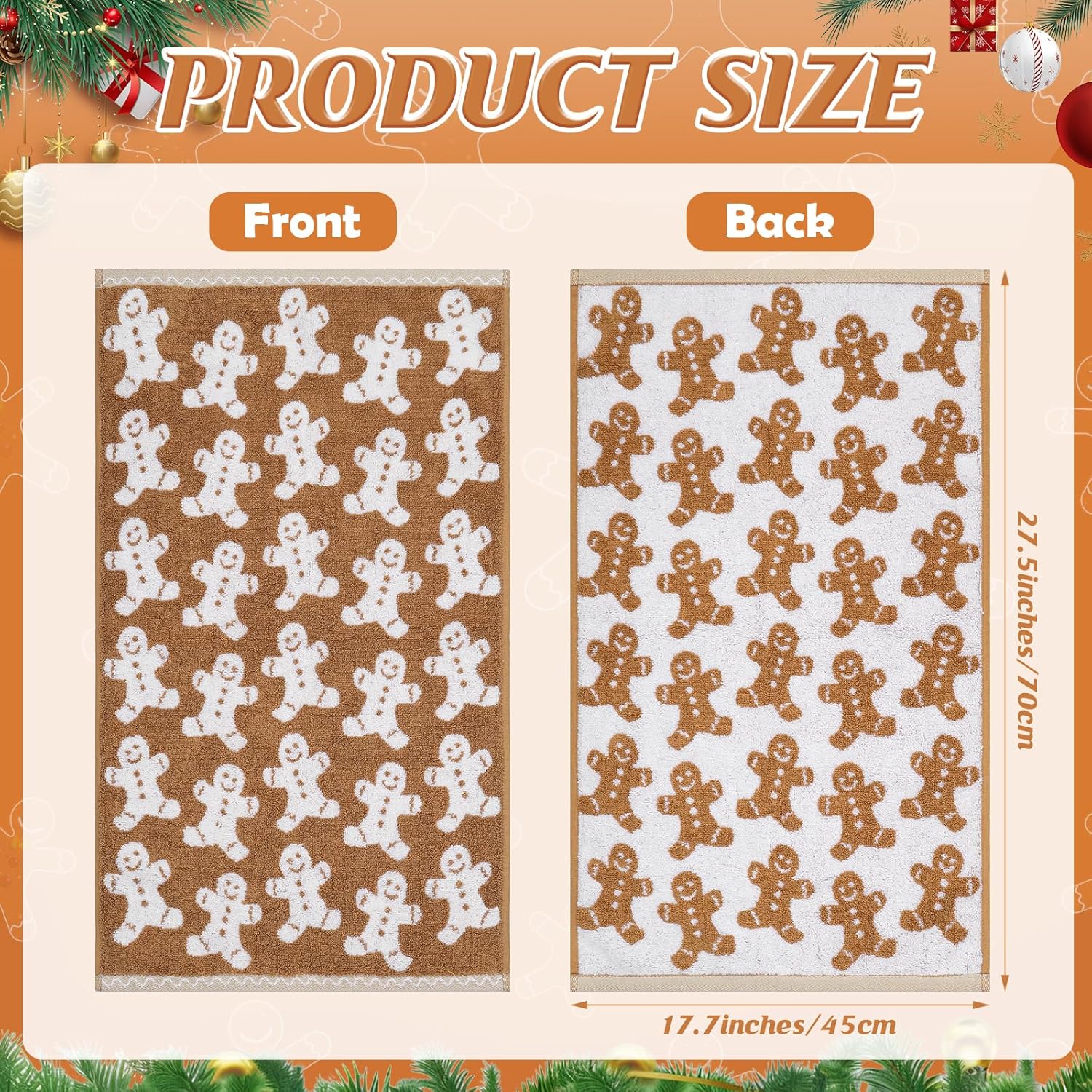 Shemilly 2pcs Christmas Hand Towels Brown Xmas Gingerbread Jacquard Hand Towel for Bath 100% Cotton Thick Soft Bathroom Kitchen Decorative Set for Christmas Winter Holiday Decor Gift,18 x 28 Inch