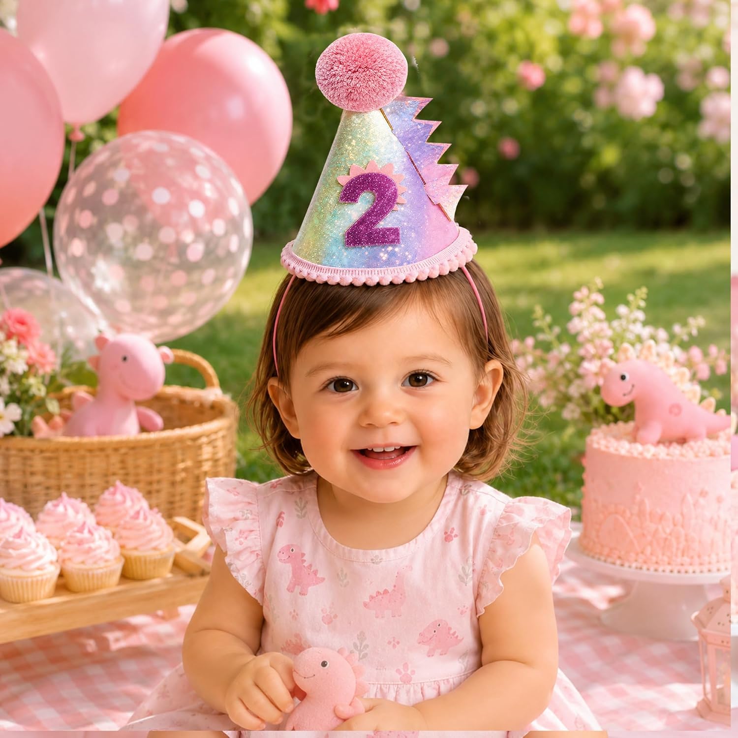 Pink Dinosaur 2nd Birthday Decorations Girl,Pink Dinosaur 2 Years Birthday Hat, Two Rex Girl Dino Theme Party Decoartion for 2 Years Girls Baby Shower.