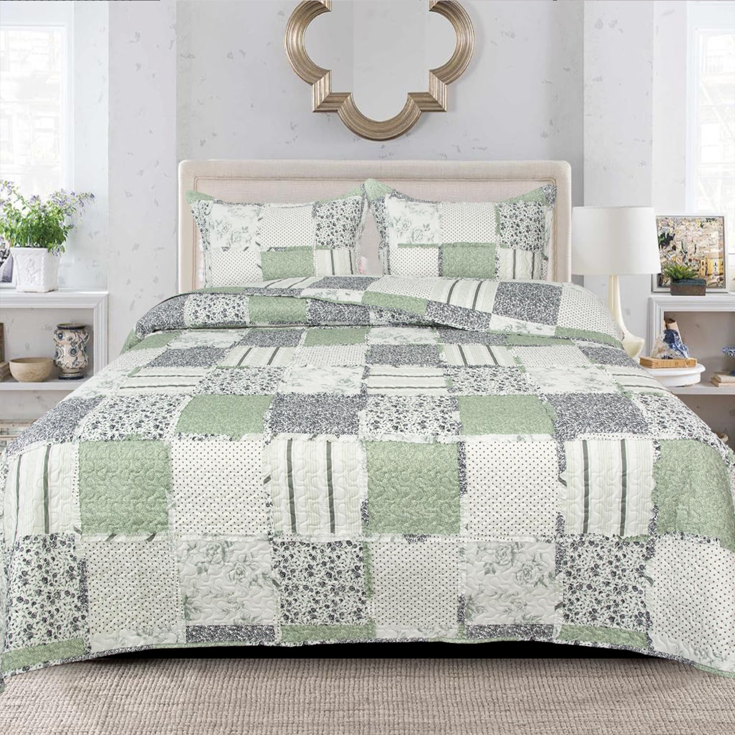 PHP Patchwork Bedspread Box Pattern 100% Cotton Filling Reversible Quilted Throw For Bedroom Decor - Warm Quilt Coverlets Blankets Bedspread with Pillow Case (Olive - Des 1, King)
