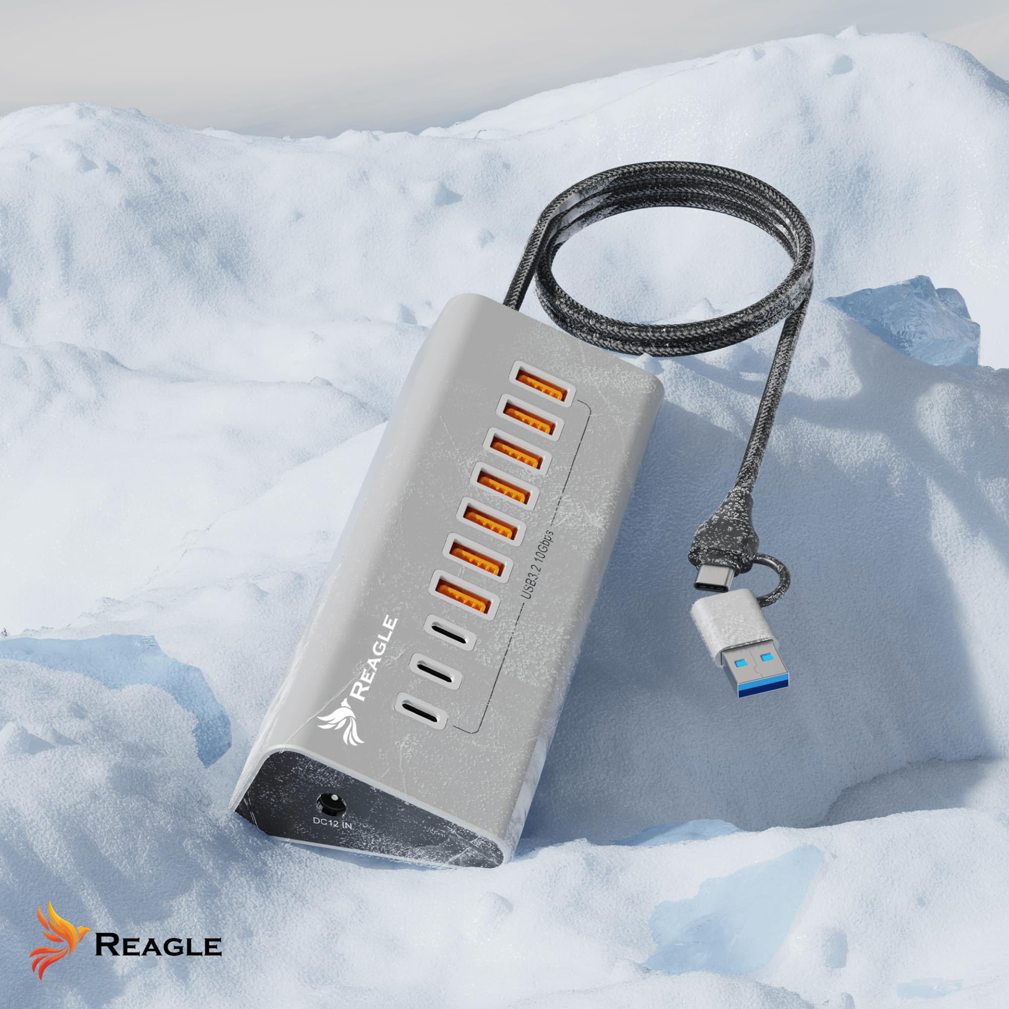 REAGLE 10-portowy koncentrator USB 3.2 z kablem 100 cm do komputera stacjonarnego, 10 w 1, 7 portów USB-A i 3 x USB-C, 36 W, Plug and Play, aluminiowy dystrybutor USB 10 Gb/s, do komputera, laptopa