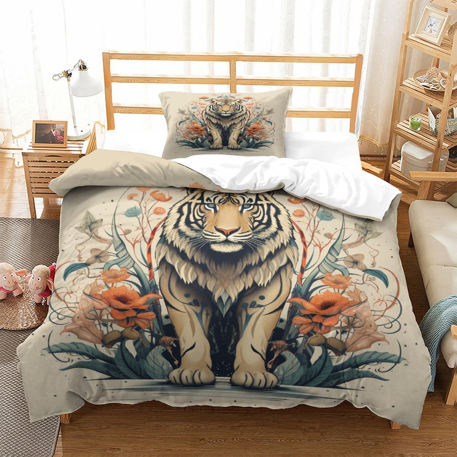 P1S9U7W5Y Artistic Animal Pattern 3D Printed Duvet Cover Set 3 Pieces Microfiber Bedroom Decoration Tiger Floral Bedding Set for Adults Single（135x200cm）