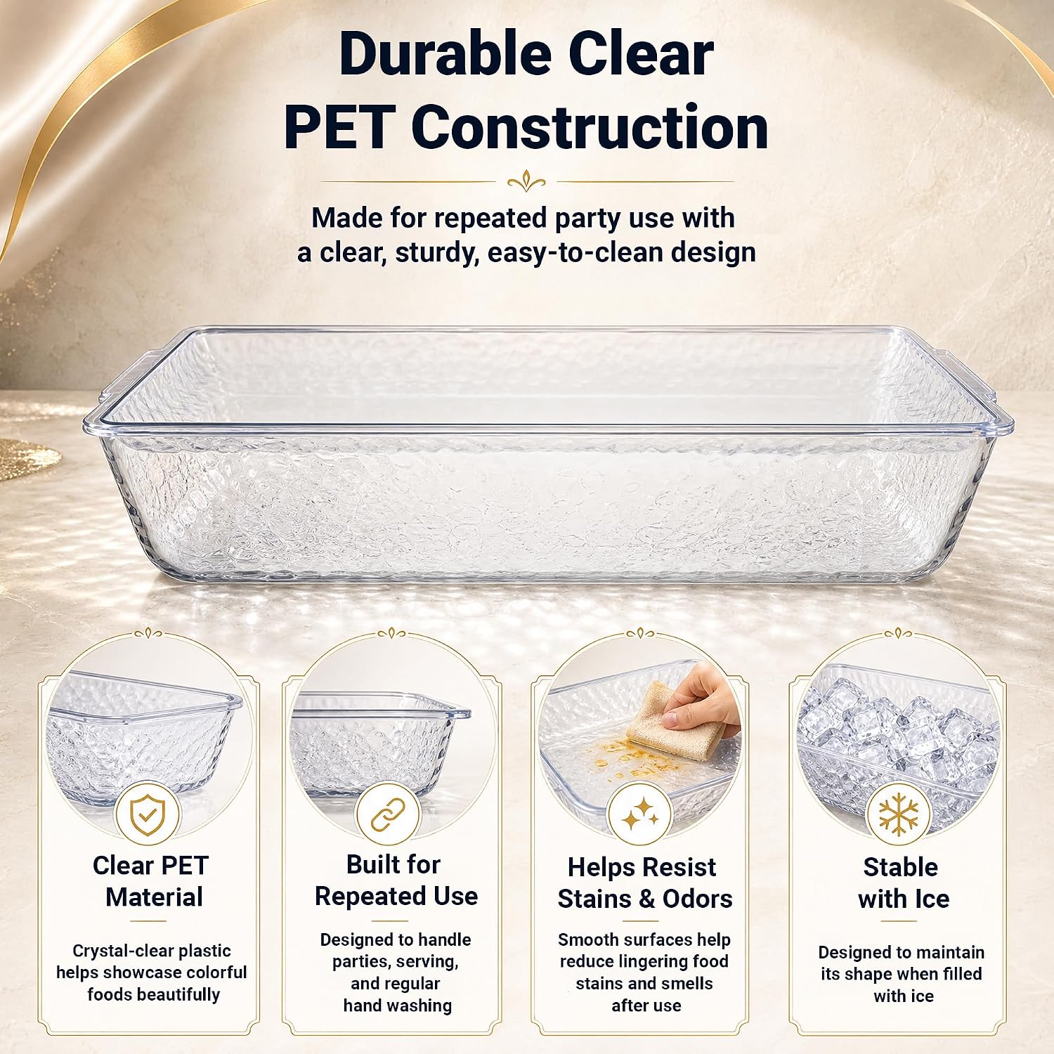 2 Pack Chilled Serving Tray with Ice Chamber, Clear PET Appetizer Platter Set with Stainless Steel Tongs, Fruit Forks & Ice Scoop, Cold Food Tray for Seafood, Fruit, BBQ & Pool Parties
