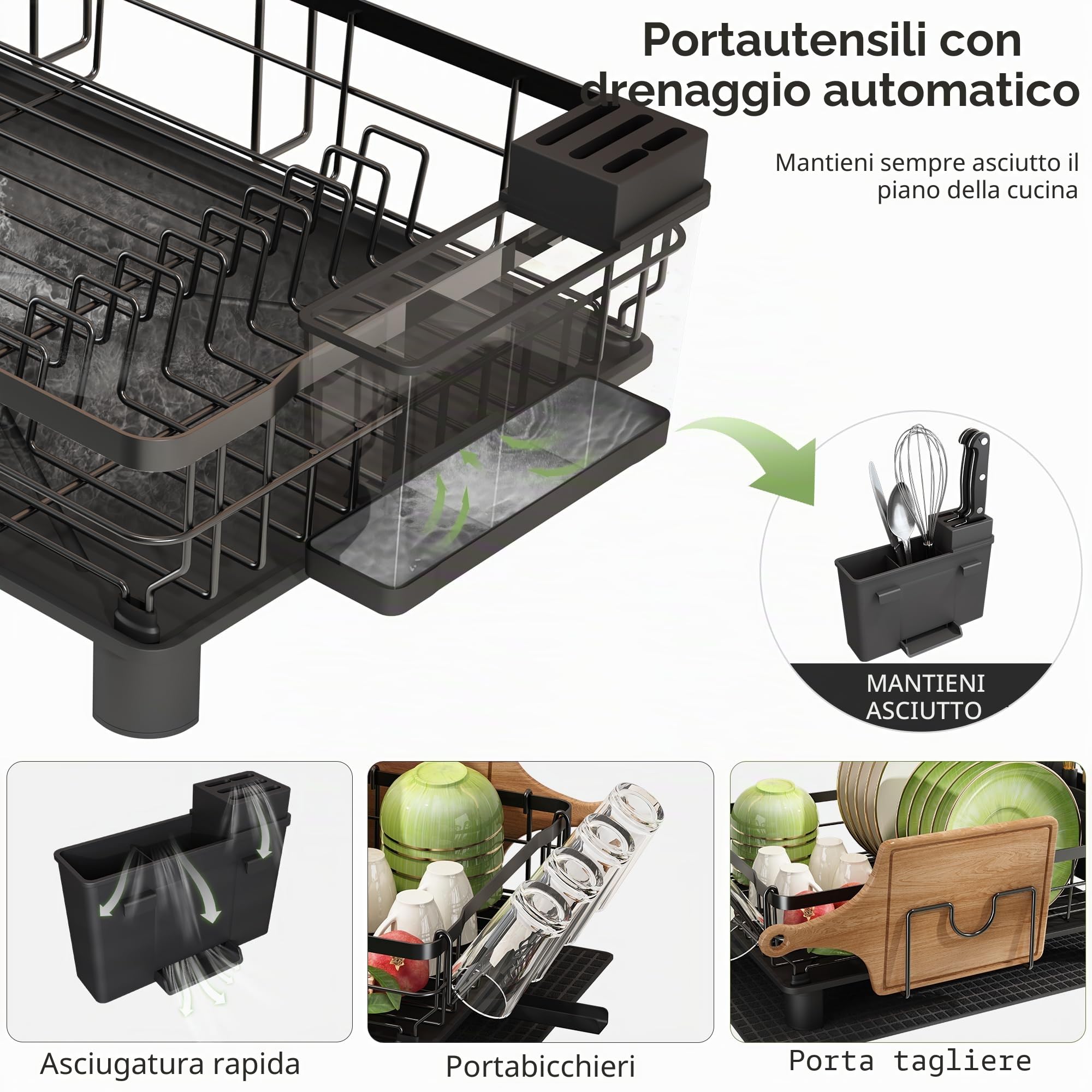 Boosiny Scolapiatti da Cucina a 2 Ripiani, Scolapiatti da Lavello in Acciaio Inox con Portabicchieri e Portautensili, Grande Scolapiatti da Appoggio Nero con Scarico Automatico