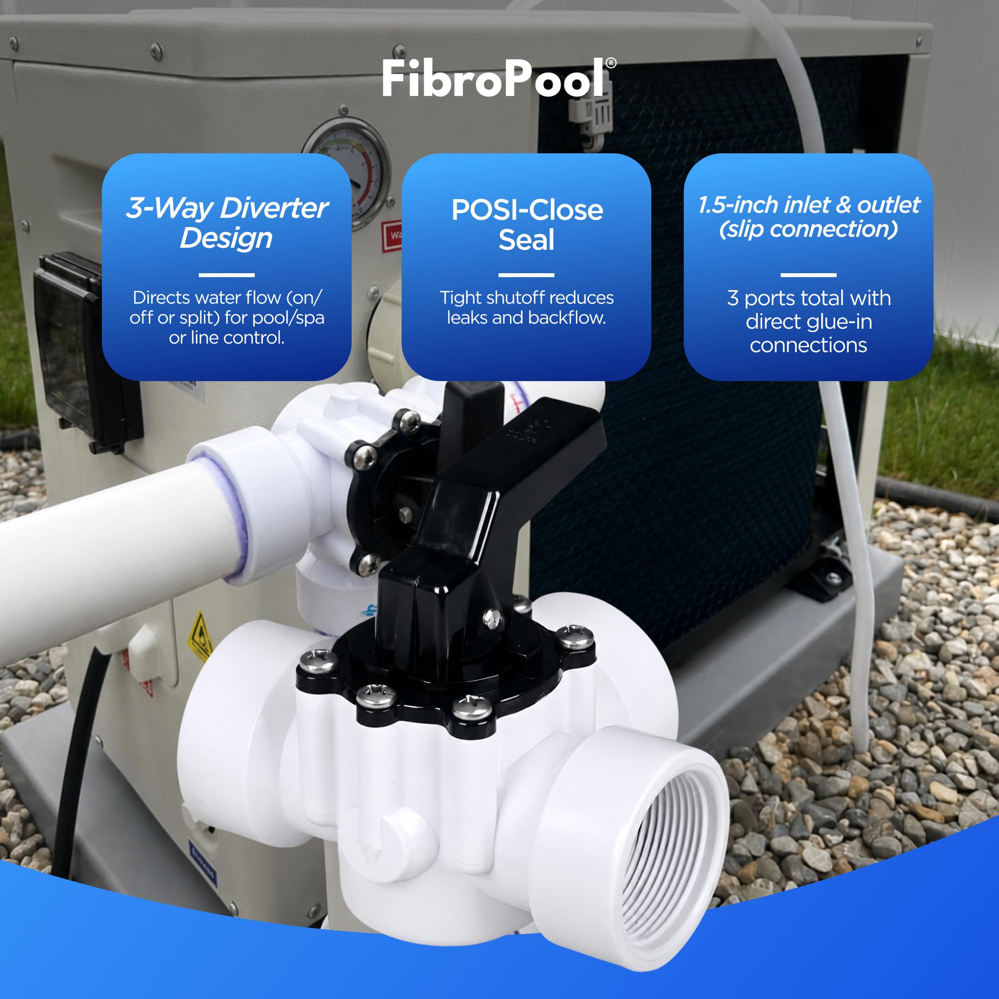 Fibropool Válvula de piscina desviadora de 3 vías 1 1/2 hembra roscada