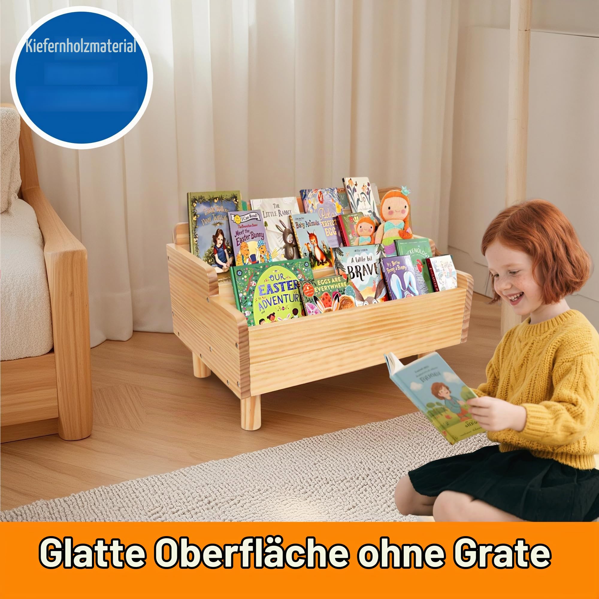 Kinder-Bücherregal,Montessori-Bücherregal klein für Kleinkinder,Baby-Bücher Aufbewahrungsregal mit Trennwand,Bücherhalter aus Holz für Spielzimmer,Kinderzimmer,Kinderkrippe,Klassenzimmer,Kiefer