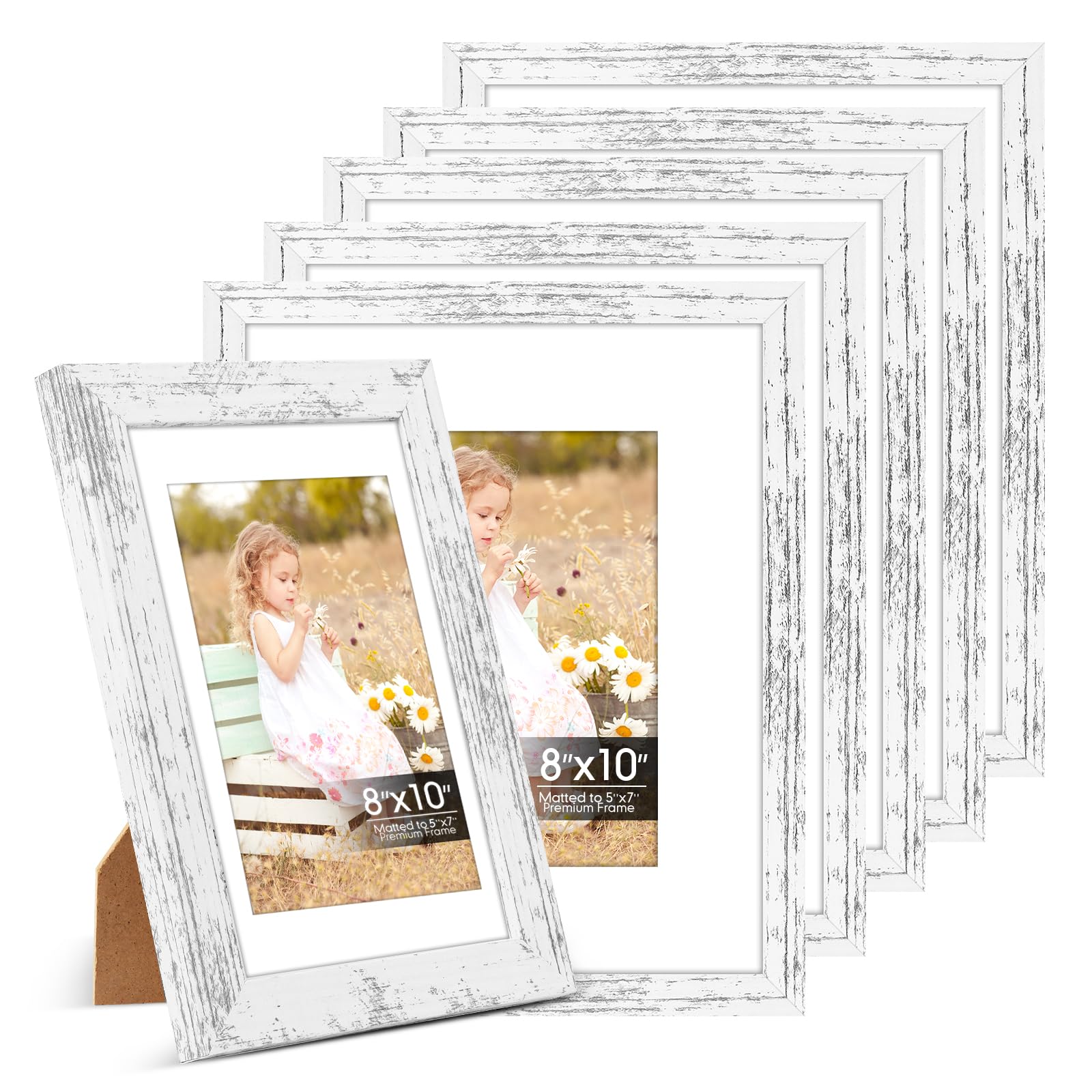 6 Pack 8x10 Frames, Mat for 5x7 Photos, Shatter HD Plexiglass | Removable mat fits two photo sizes, slim frame with stand for horizontal &amp; vertical tabletop &amp; wall mount