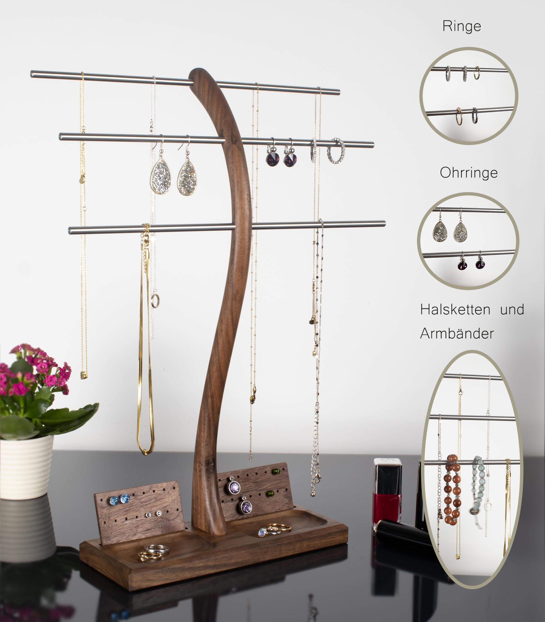 Wood-and-Steel-Design Schmuckhalter aus Nussbaumholz, 3 Ebenen