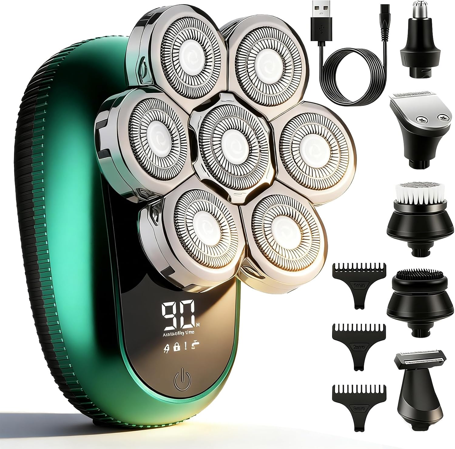 Head Shavers for Bald Men, 6-in-1 Detachable Electric Head Shaver Grooming Kit, 7D Floating Wet & Dry Rotary Shavers, Waterproof, LED Display, Cordless, USB Fast Charging for Hair/Face/Beard