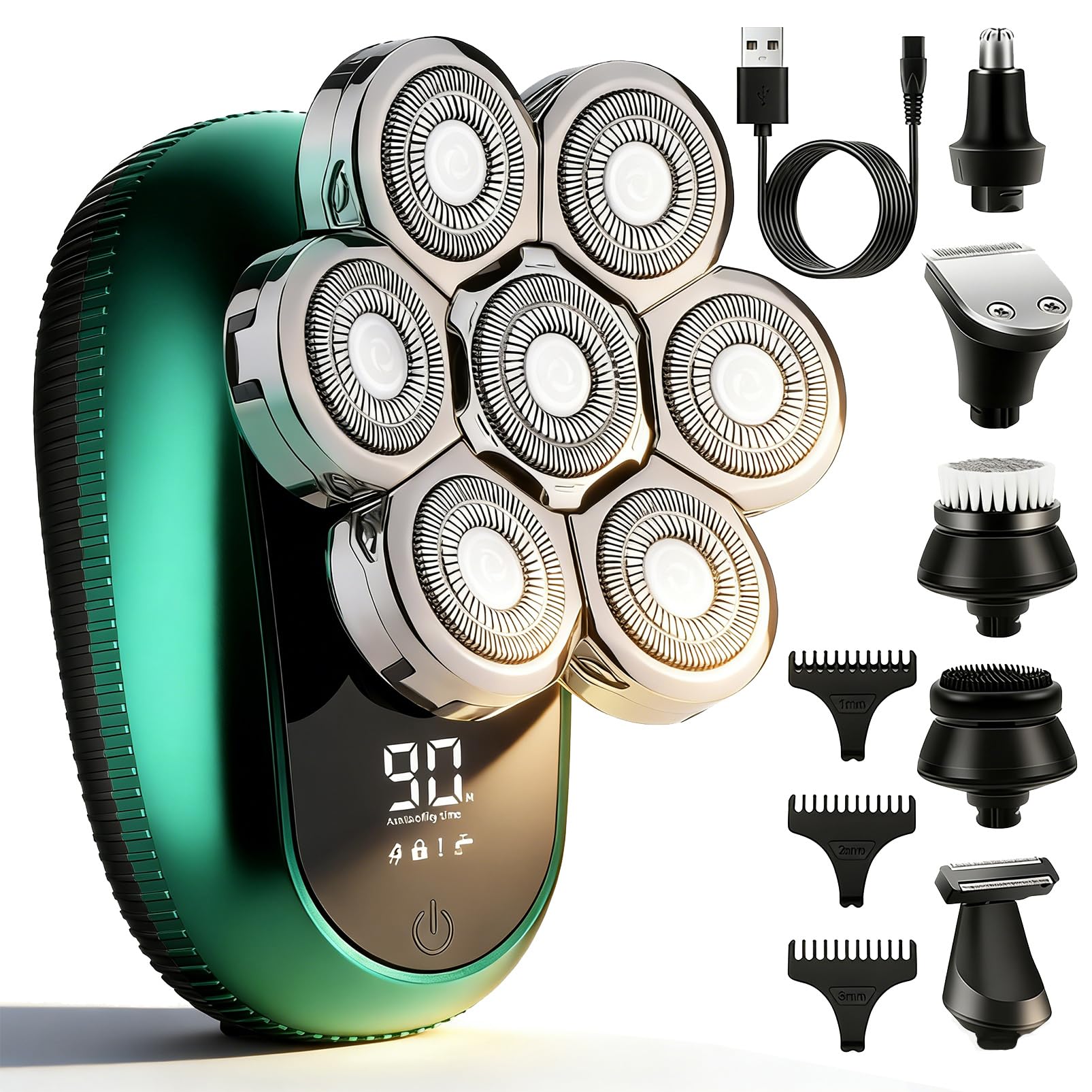 Head Shavers for Bald Men, 6-in-1 Detachable Electric Head Shaver Grooming Kit, 7D Floating Wet & Dry Rotary Shavers, Waterproof, LED Display, Cordless, USB Fast Charging for Hair/Face/Beard