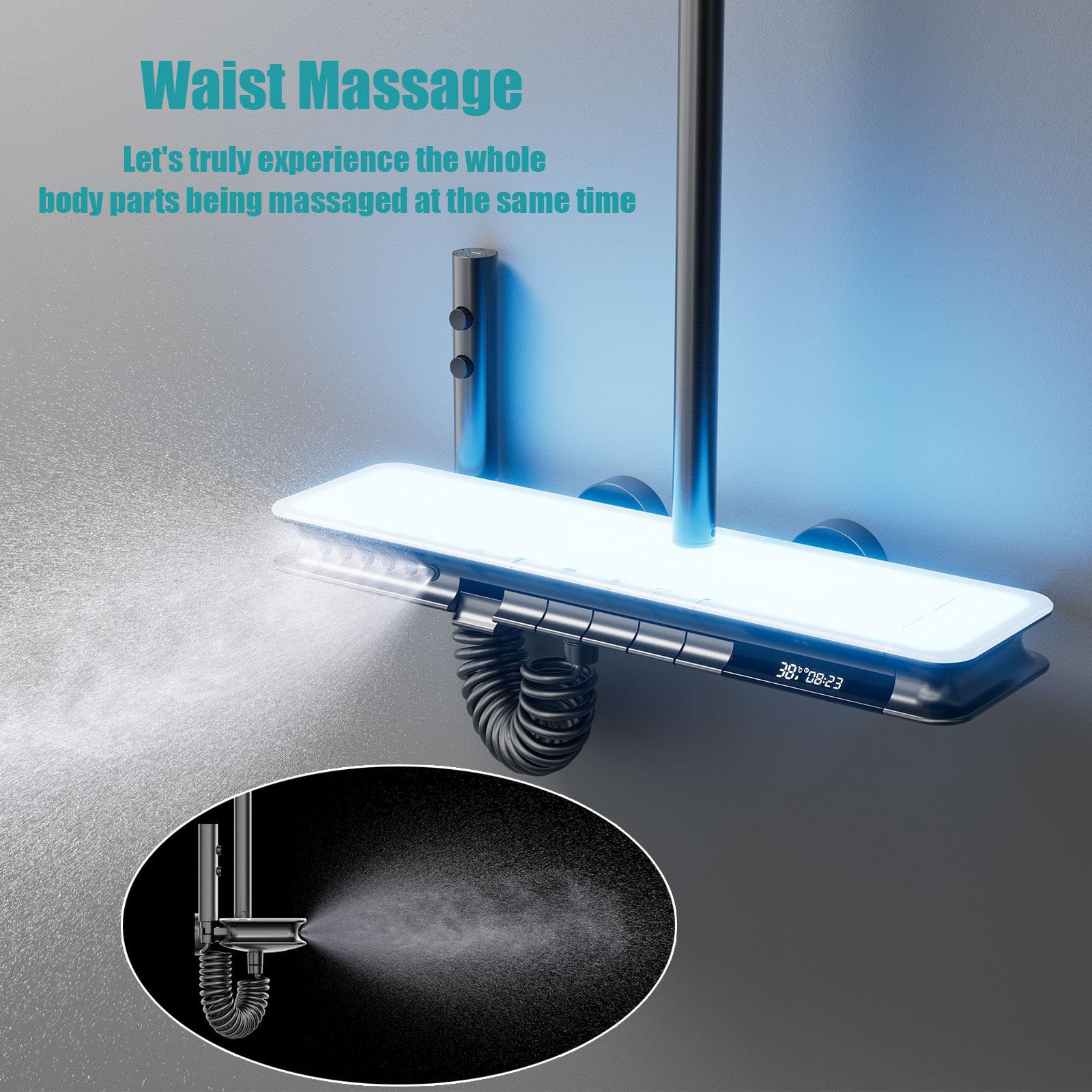 BEITH Sistema de Ducha Termostático, Moderno Lujoso 6 Funciones Columna de Ducha con Masaje Corporal, Lluvia, Cascada Cuadrado Set De Ducha con Grifo, Teclas del Piano, Pantalla Digital, Altura Fija