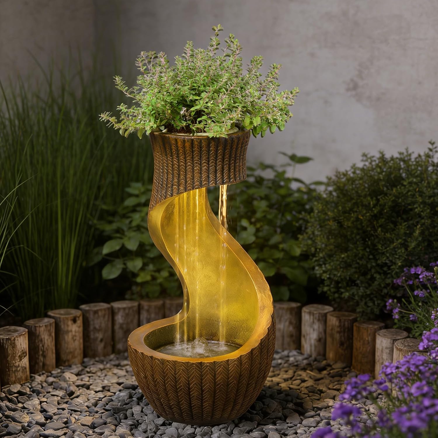 26.77" Tall S-Curved Water Fountain Outdoor, Garden Cascading Waterfall Feature with Textured Rustic Finish, LED Lights & Planter Bowl for Patio, Backyard or Porch and Indoor/Outdoor Home Decor