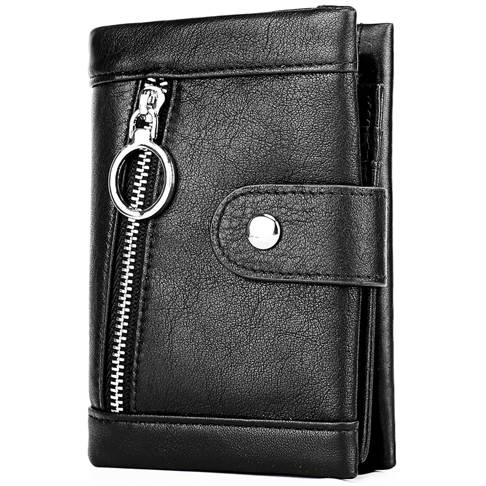 Damen Geldbeutel mit RFID Dreifach-Mehrfachkartenfach mit Reißverschluss, Münzbeutel, Gewachstes Leder, Damen-Ledergeldbörse,Black,One Size